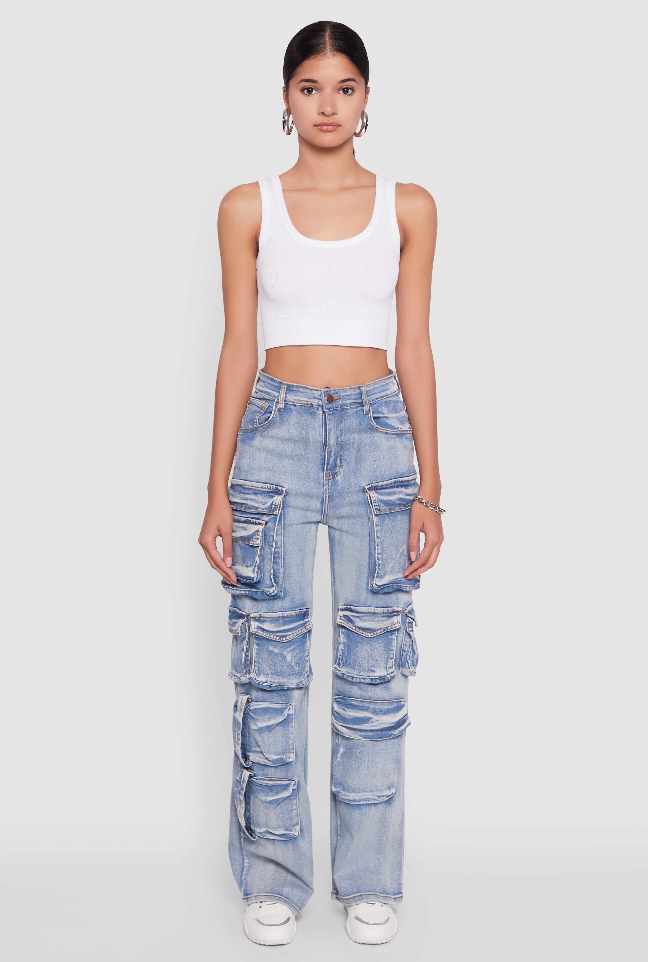 Mineral Wash High Waisted Straight Leg Utility Jeans