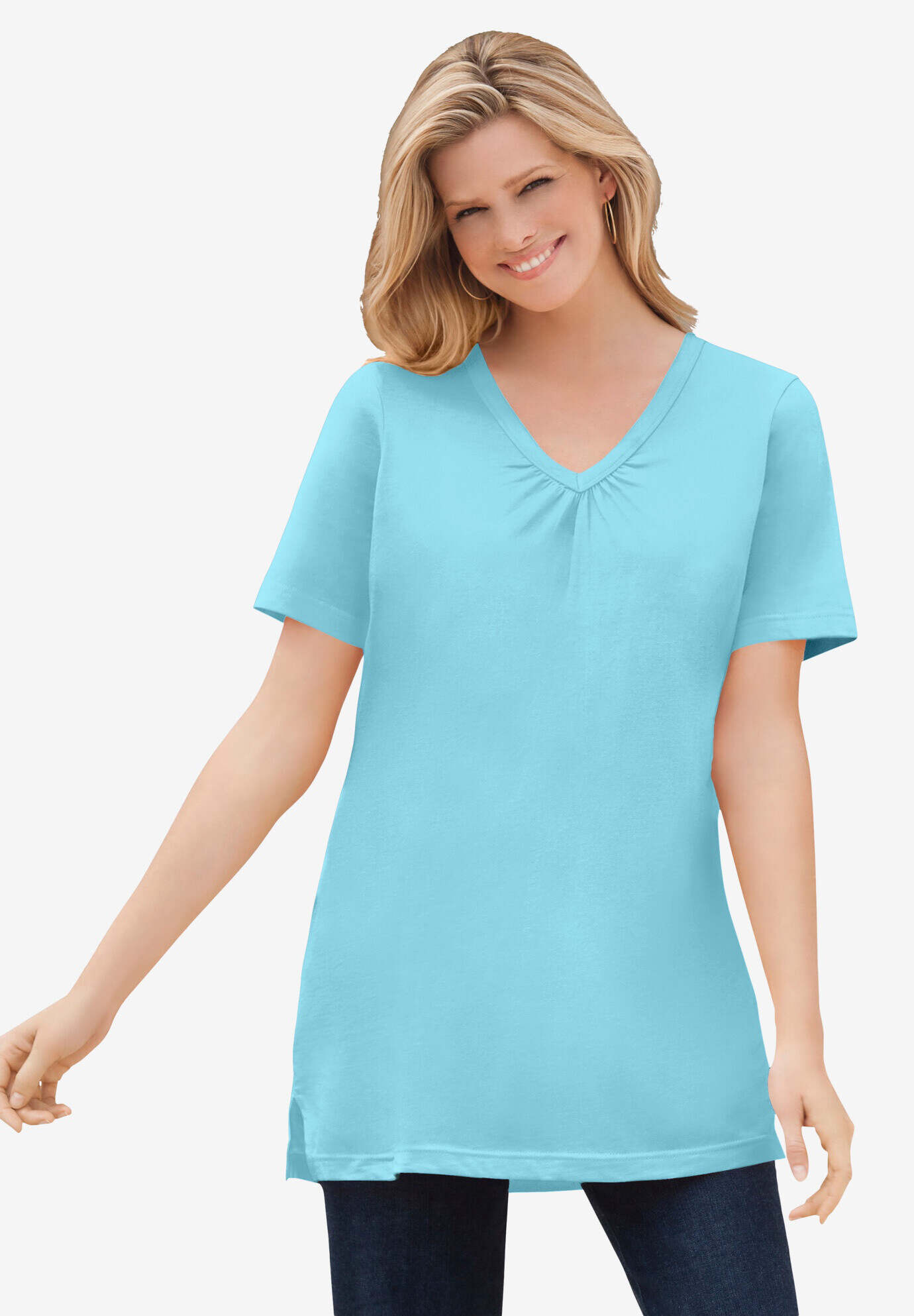 Perfect Short-Sleeve Shirred V-Neck Tunic