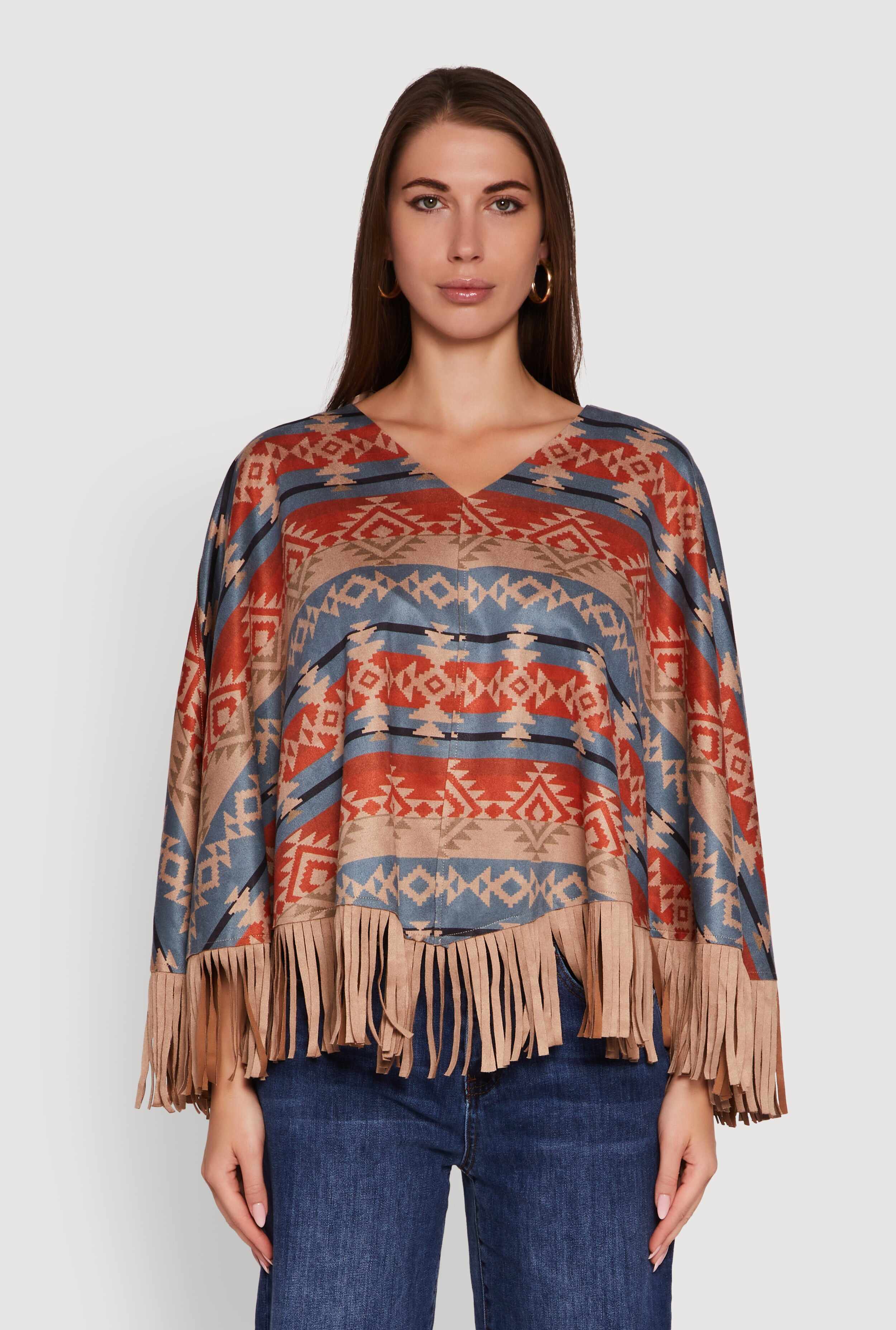 Faux Suede Aztec Print Fringe Poncho