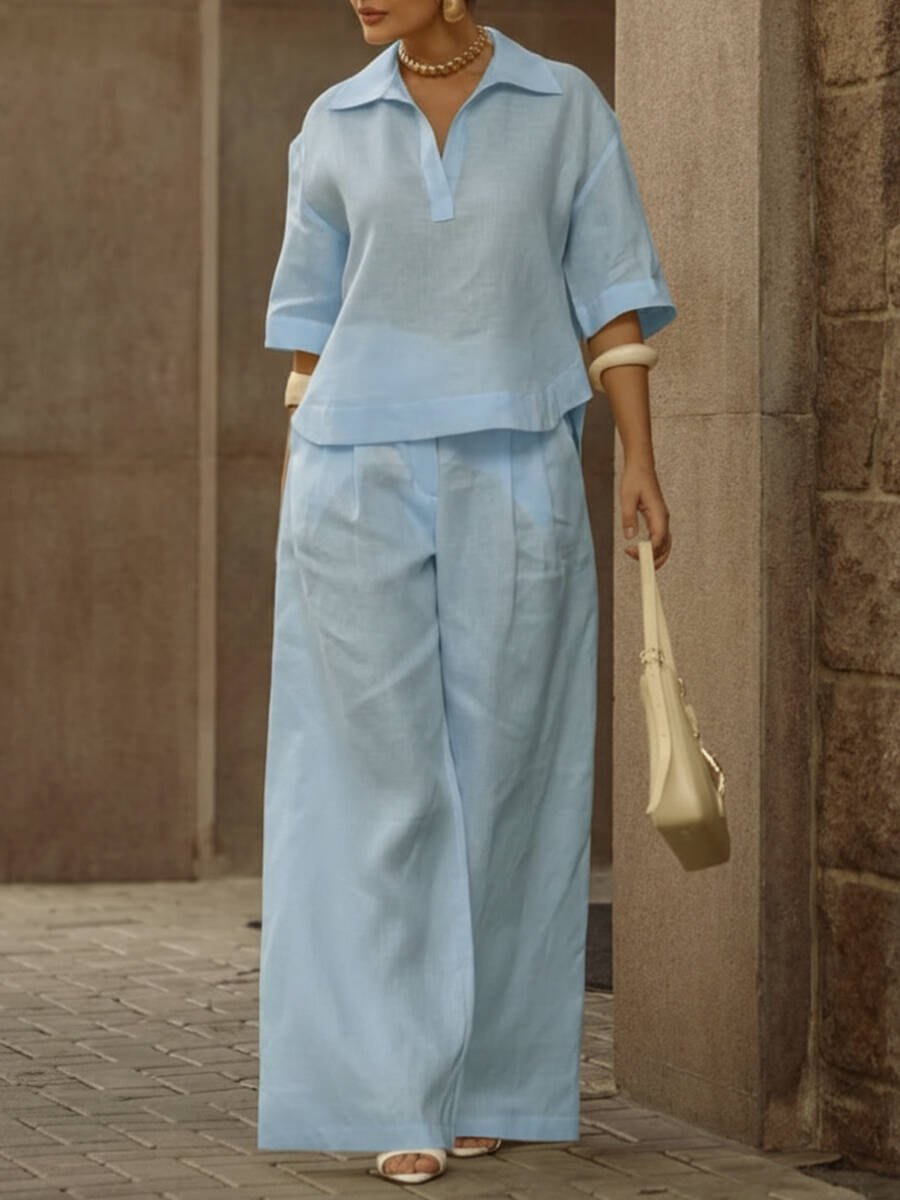 🔥Summer Arrivals🌟Women's Casual Linen And Cotton Shirt And Wide-leg Pants Two-piece Set