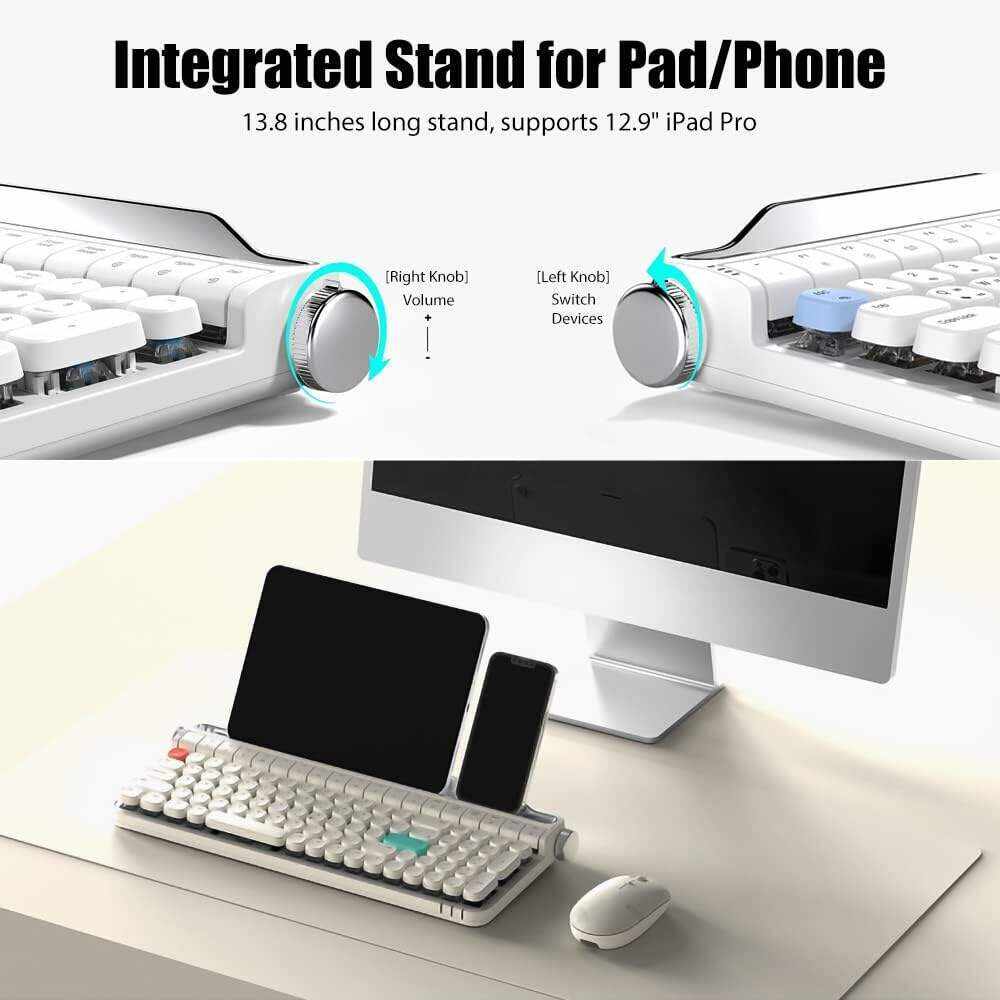 Typewriter Keyboard Wireless Bluetooth 5.0 Retro Aesthetic Cute Kawaii Round Keycaps 106-Key with Num Pad Clicky Mechanical Feeling with Pad/Phone Holder for Windows/Mac OS/Android/iOS (Mint)
