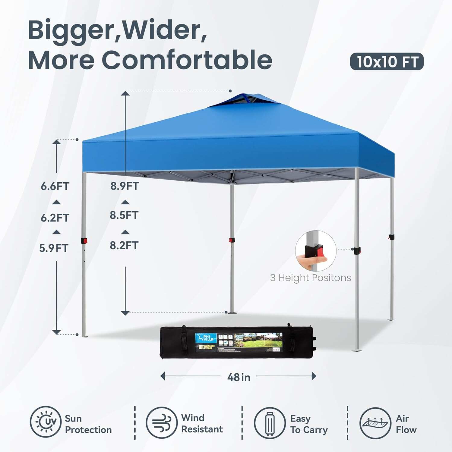 PHI VILLA Outdoor Pop up Canopy 10'x10' Tent Camping Sun Shelter-Series Party Tent, 100 Sq. Ft of Shade (Blue)