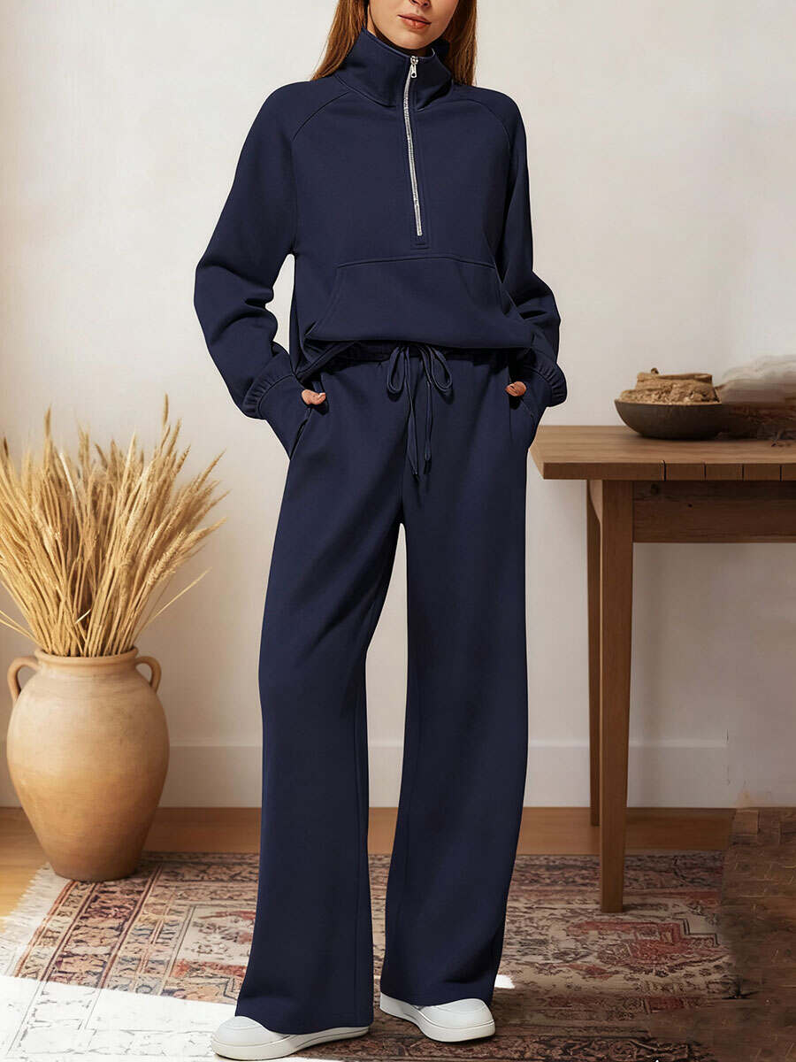 Women's Two-piece Set Half-zip Sweatshirt Wide-leg Pants Casual Suit.