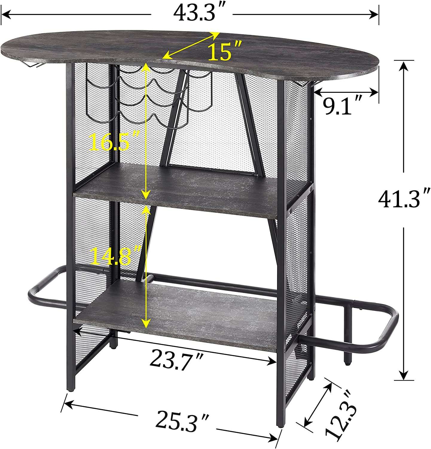 VECELO Bar Unit with Metal Mesh Front, 3-Tier Wine Rack Table with Glasses Holder