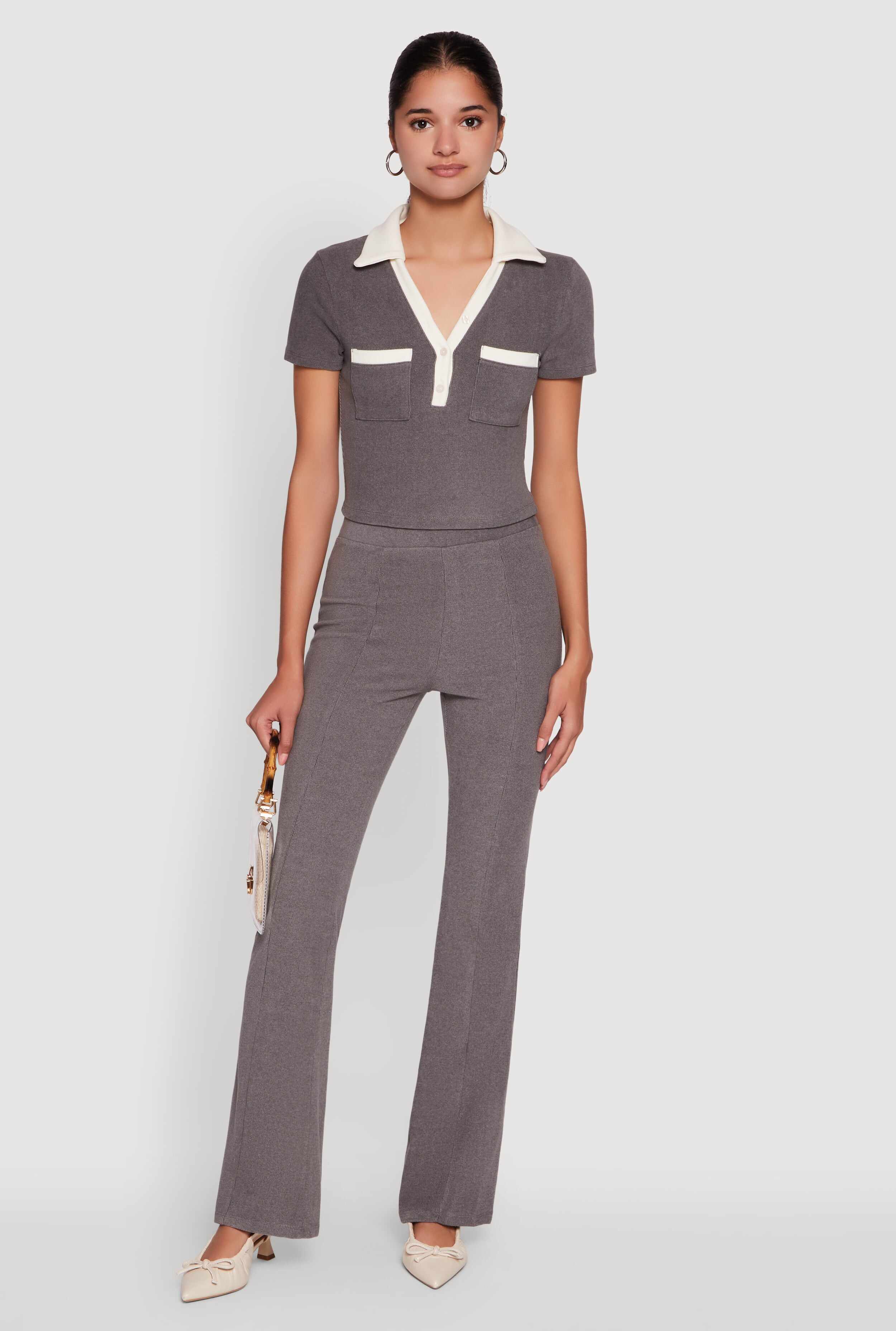Brushed Knit Contrast Trim Cropped Polo Shirt