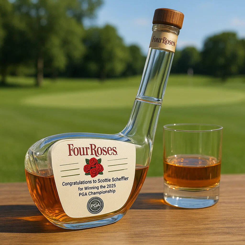 Golf club whiskey bottle commemorating Scottie Scheffler's win of the 2025 PGA Championship