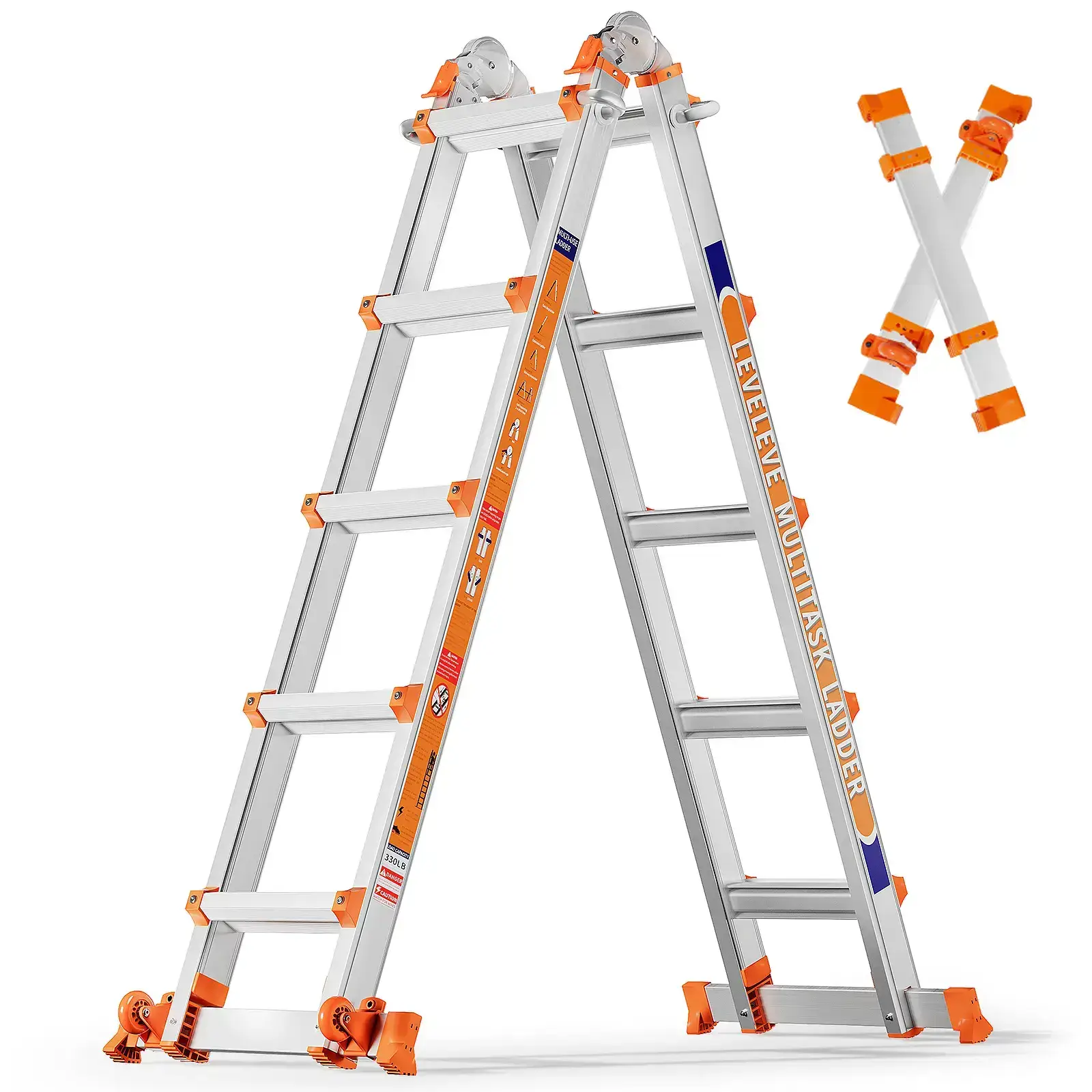 Multi-Position Extension Ladder, A-Frame Step Ladder with Stabilizer Bars, 330LBS Load Capacity, Foldable with Wheels for Home, Outdoor & Roof Work