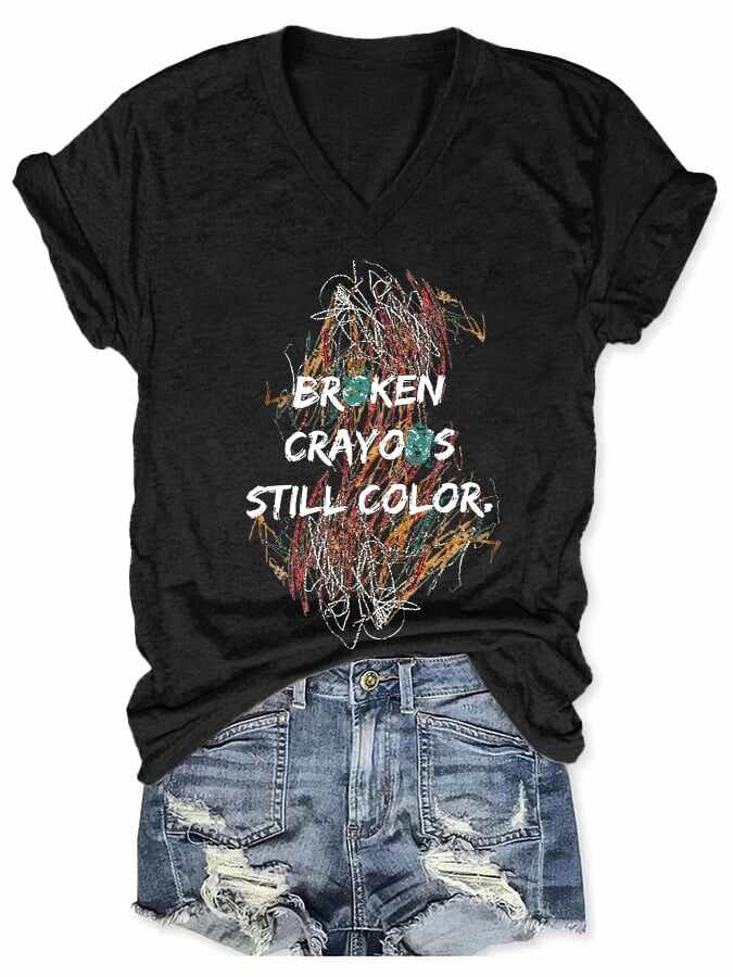 V-neck Retro Broken Crayons Still Color Print T-Shirt