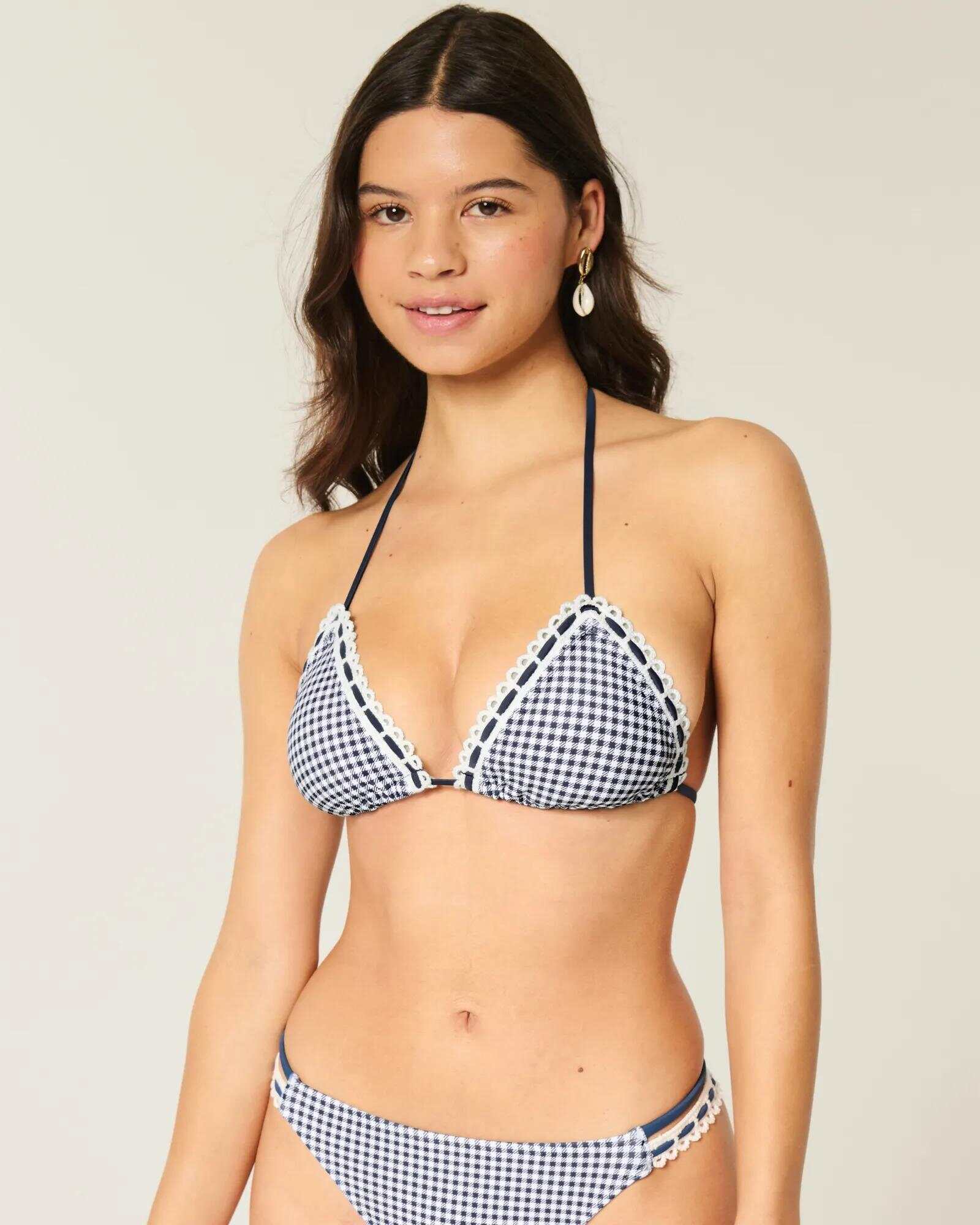 Crochet-Style Trim Halter Triangle Bikini Top
