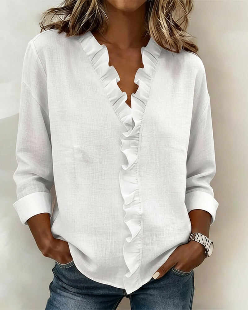 Ruffle V-Neck Long-Sleeve Blouse