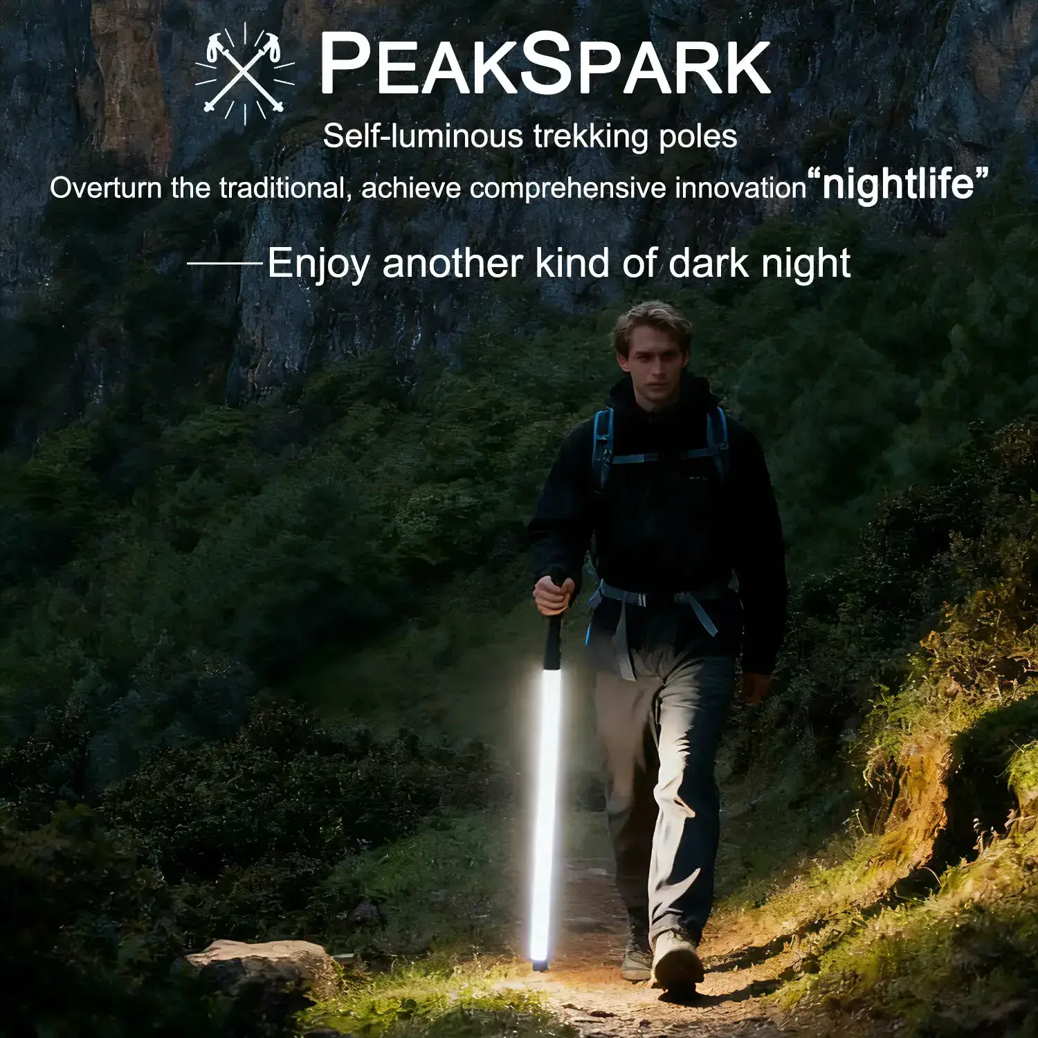 Laser Saber Style Trekking Poles - Non-Foldable Built-in LED Light Strip Hiking Sticks, Adjustable Waterproof Aircraft Aluminum with Anti-Slip Grip, Photo Ready for Night Hiking Camping Emergency Safety