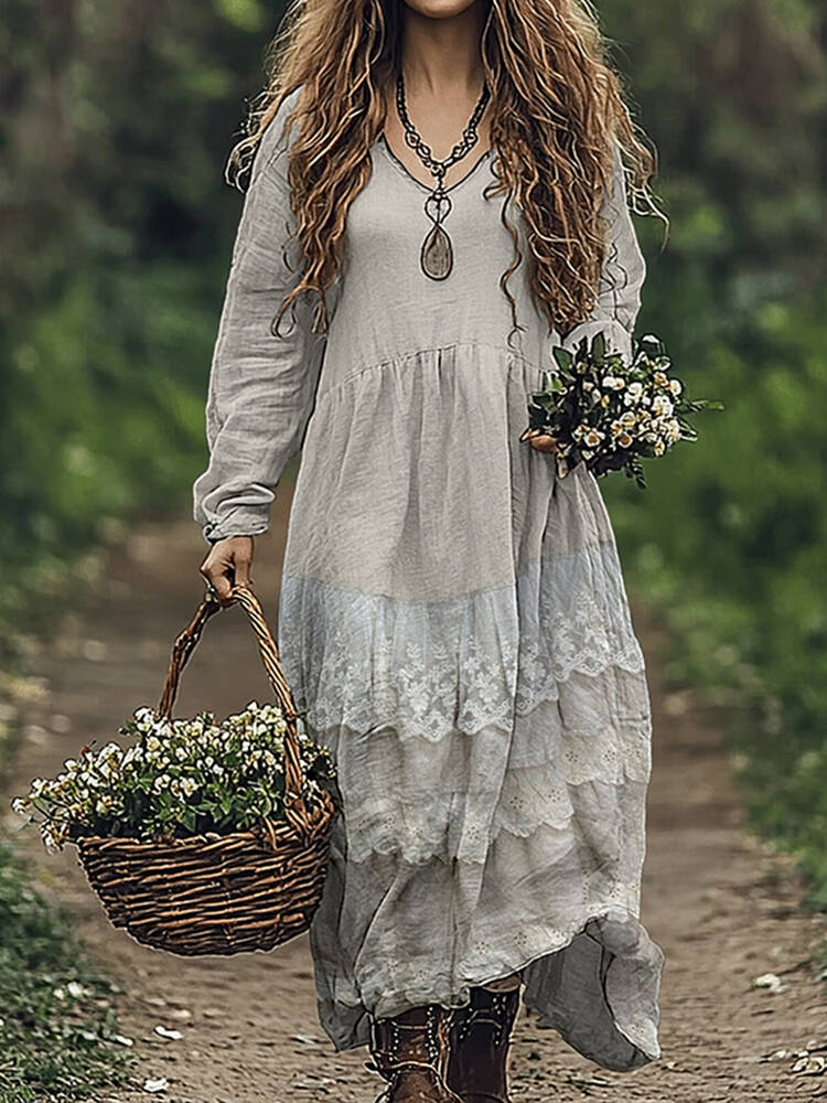 Women's Vintage Floral Lace Art  Linen Blend Maxi Dress