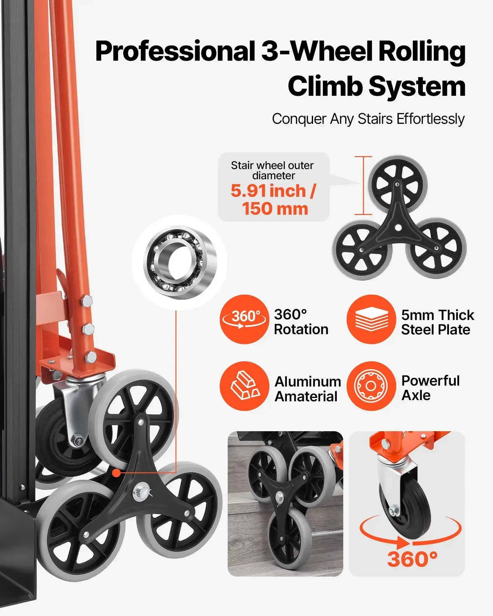 3 in 1 Industrial Convertible Stair Climbing Cart, 770 lbs Max Load, Folding Hand Truck Dolly with Handle & Wheels, Stair Climbing Utility Trolley for Transport & Moving, Orange & Silver