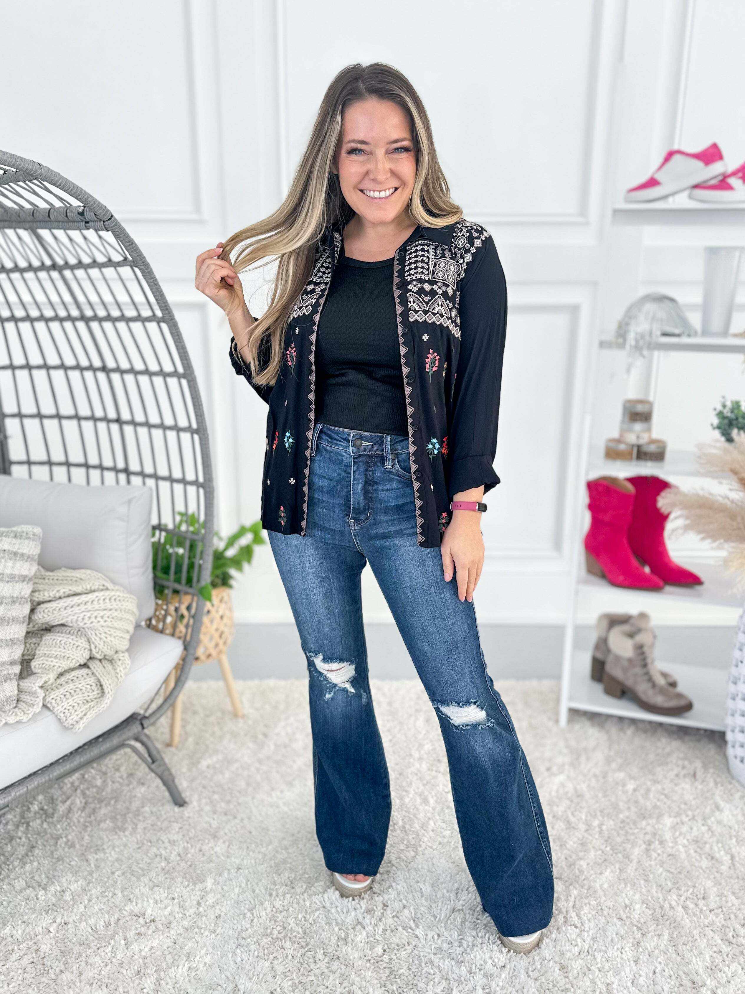 Full Of Flare - Christmas Tummy Control Knee Destroy Raw Hem Flare Jeans- Final Sale