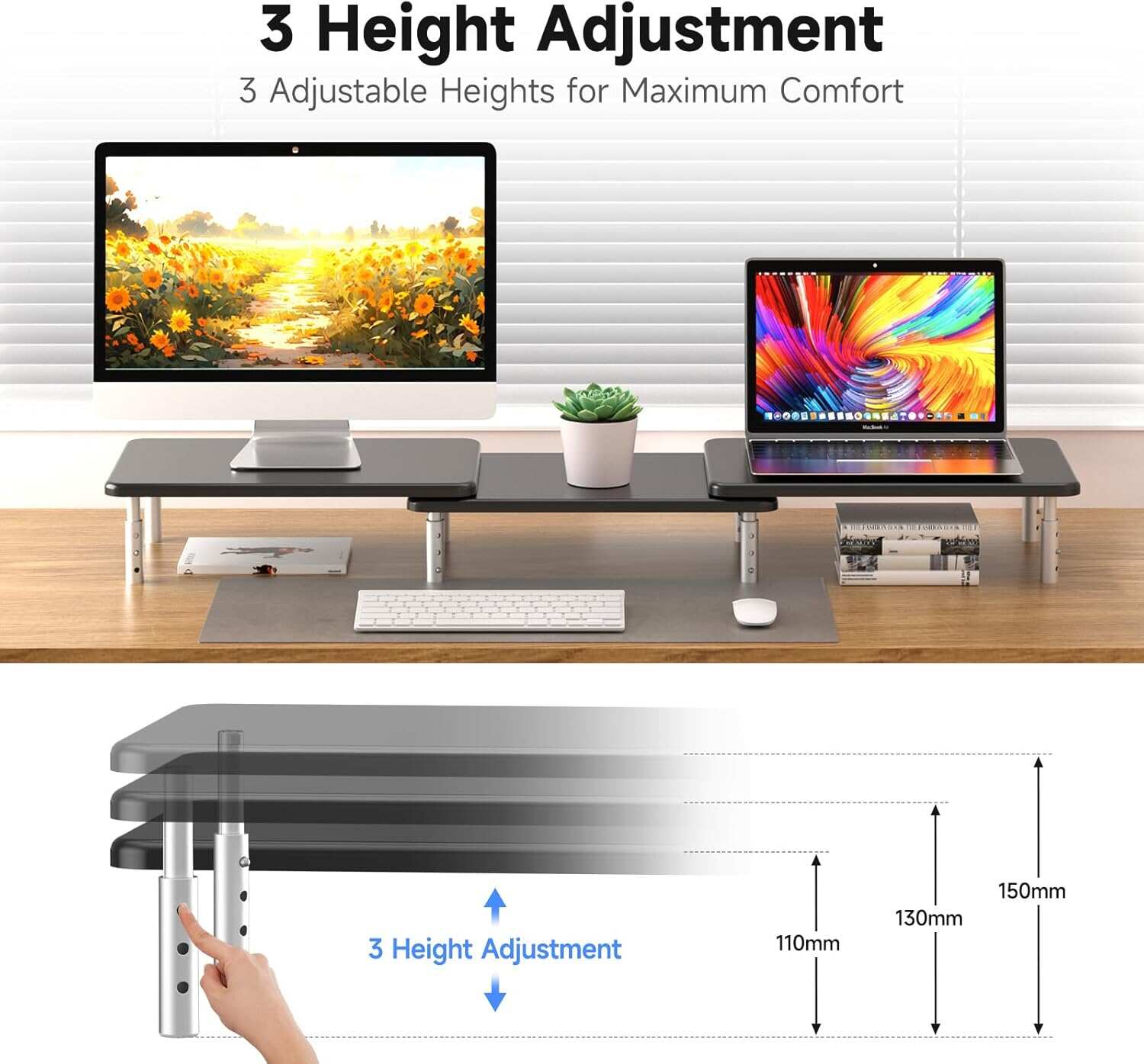 Computer Monitor Stand Riser,Monitor Riser for Laptop, Printer, Notebook and All Flat Screen TV Display with Vented Platform,3 Height Adjustable Laptop Riser,1 Pack,Black(MST003)