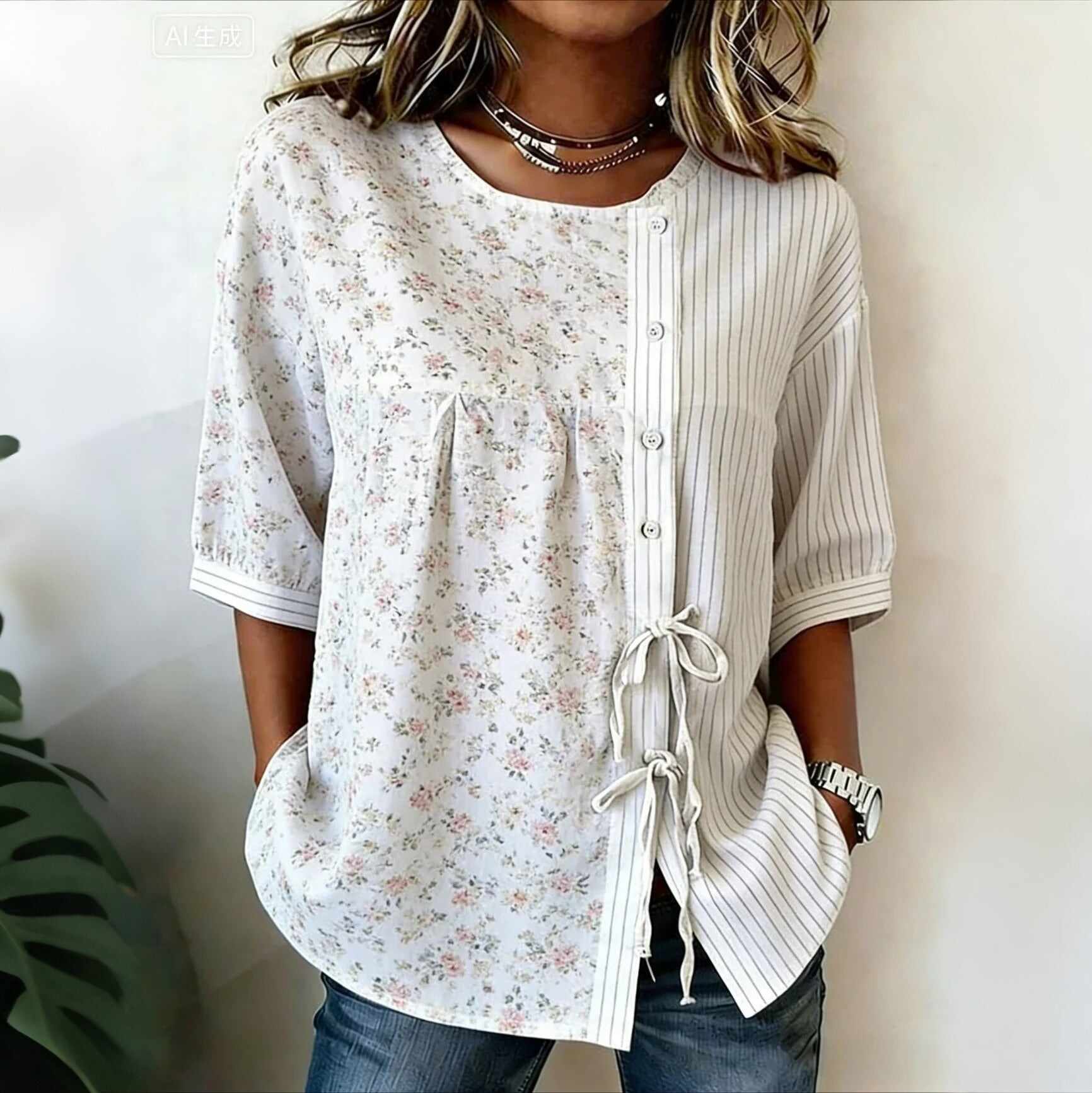 Cardydony Women's Floral Striped Short-sleeved Top