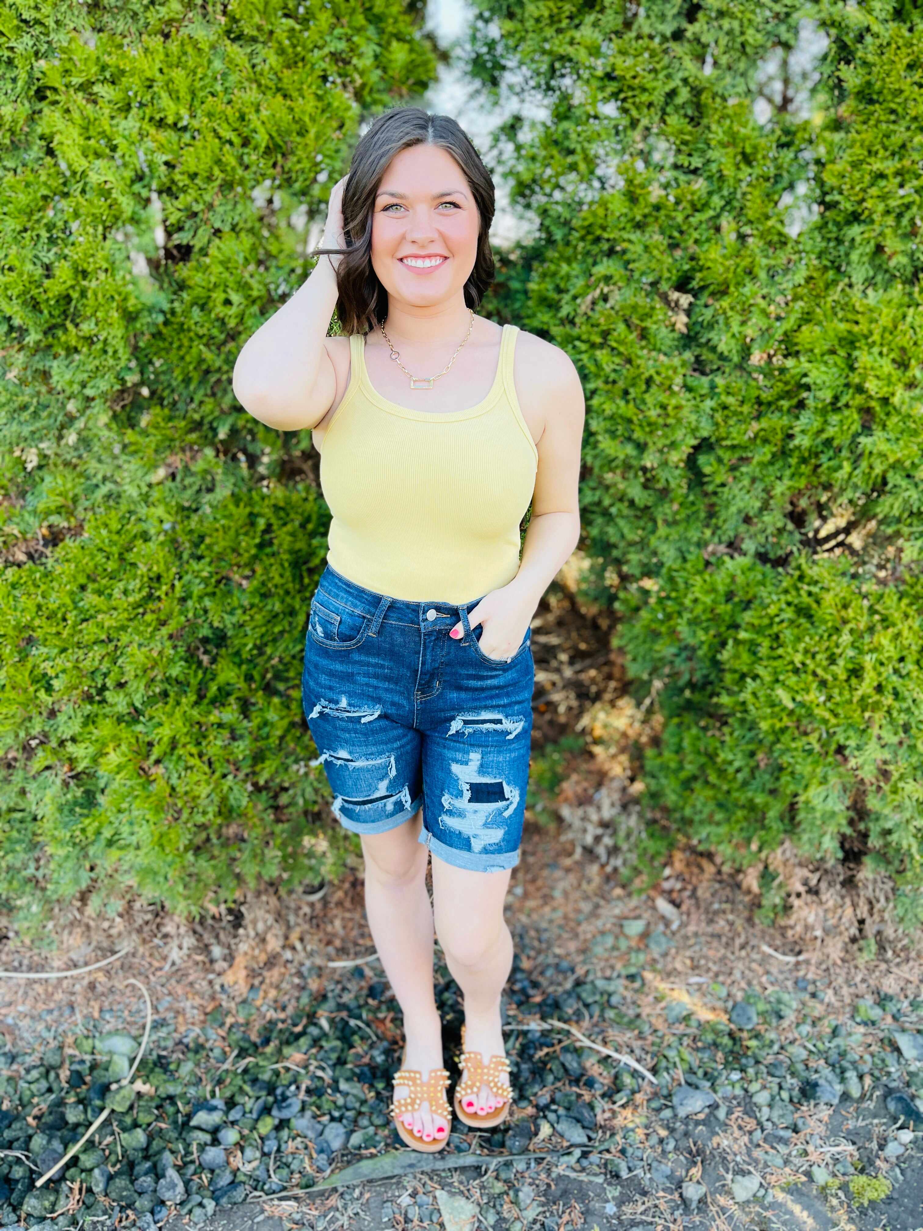PLUS/REG Patch Me Up Buttercup Bermuda Shorts