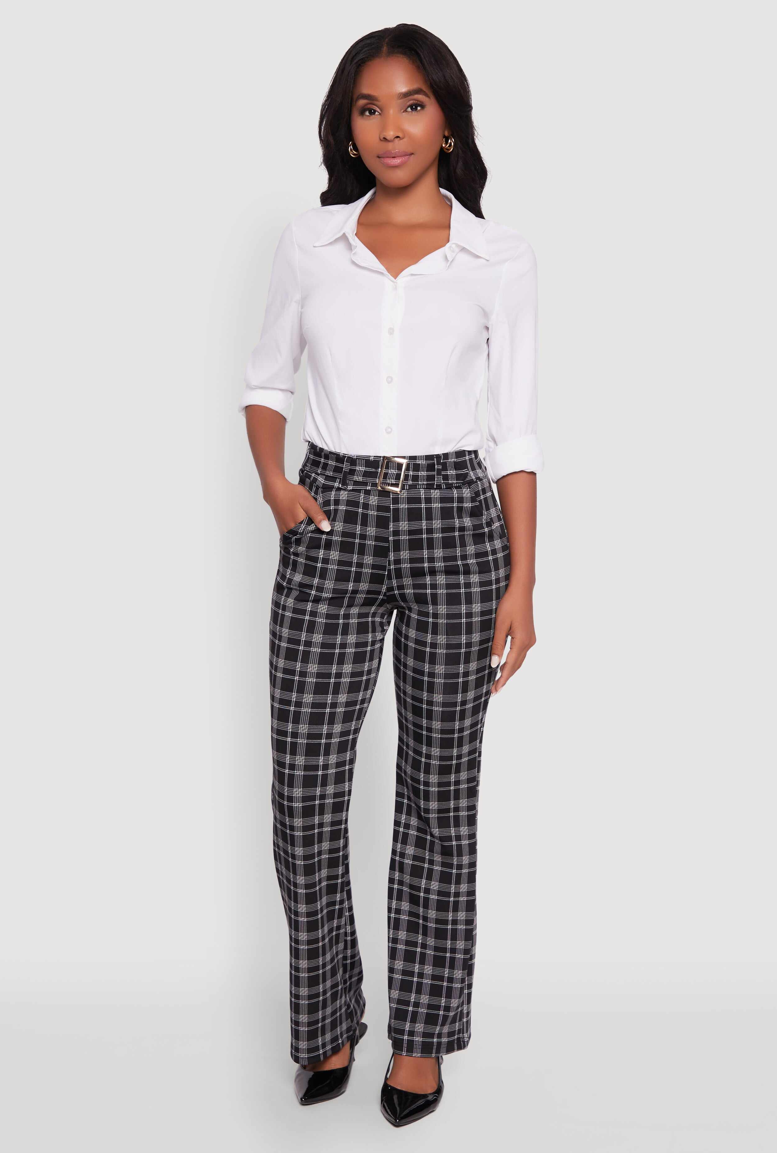 Plaid Belted Front Stretch Flare Pants