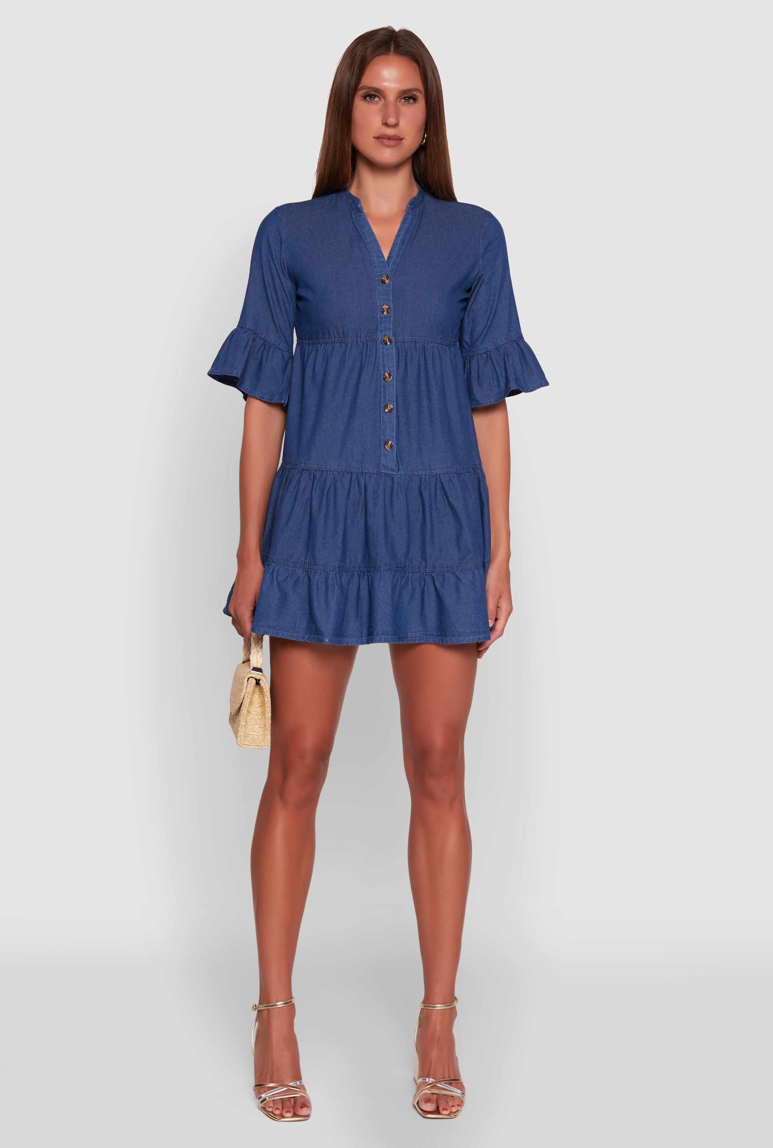 Trendy Denim Button Front Tiered Mini Dress