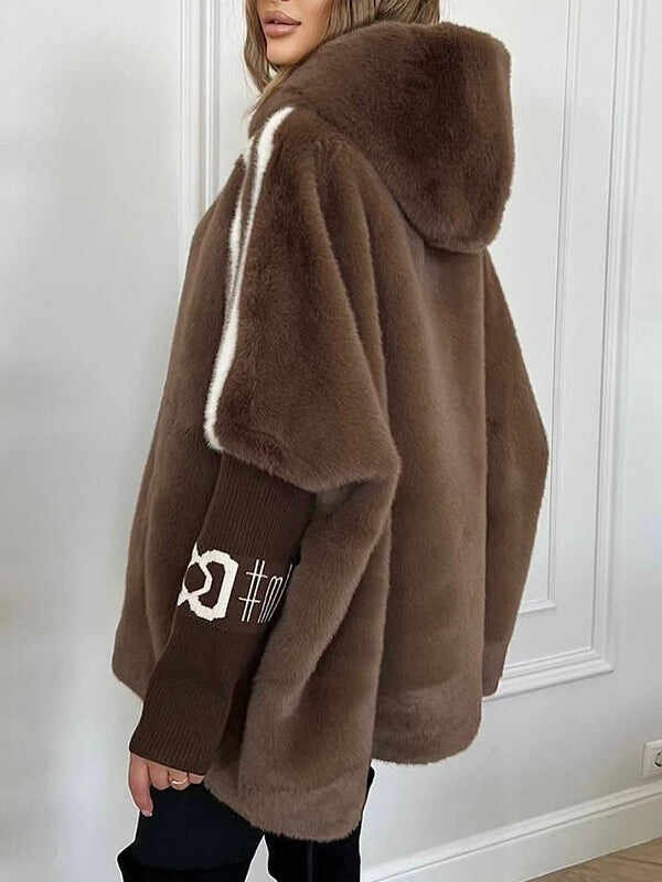 Women Plush Hooded Vertical Stripe Printed Casual Coat