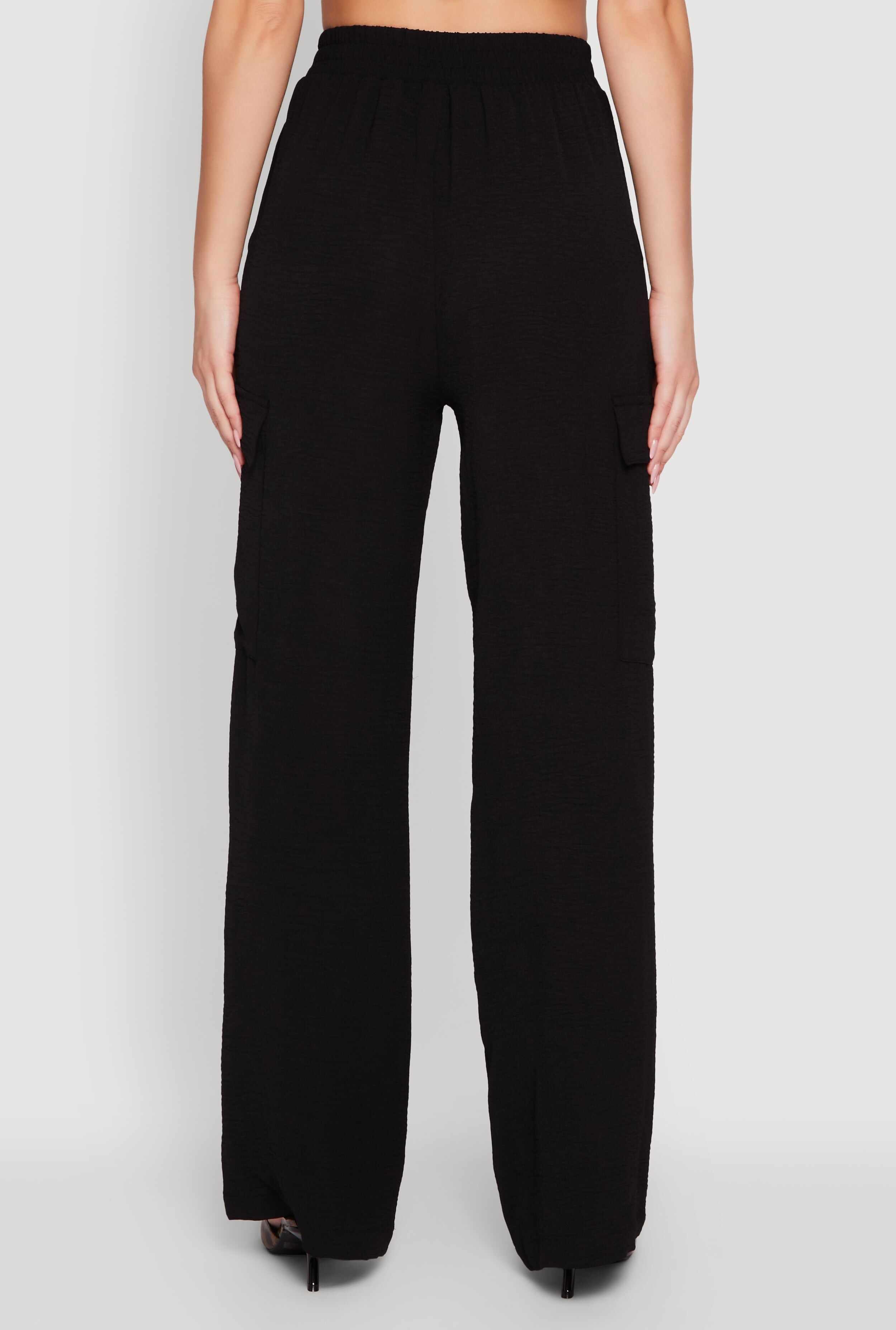 High Waisted Wide Leg Crepe Knit Cargo Dress Pants
