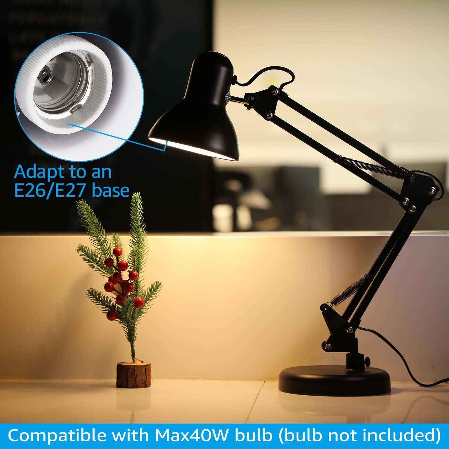 TORCHSTAR Metal Desk Lamp with Clamp, Swing Arm , Architect Adjustable Gooseneck Table Lamp, Clip Desk Lights for Home Office, Work, Study, Reading, E26 Base, Multi-Joint, Black