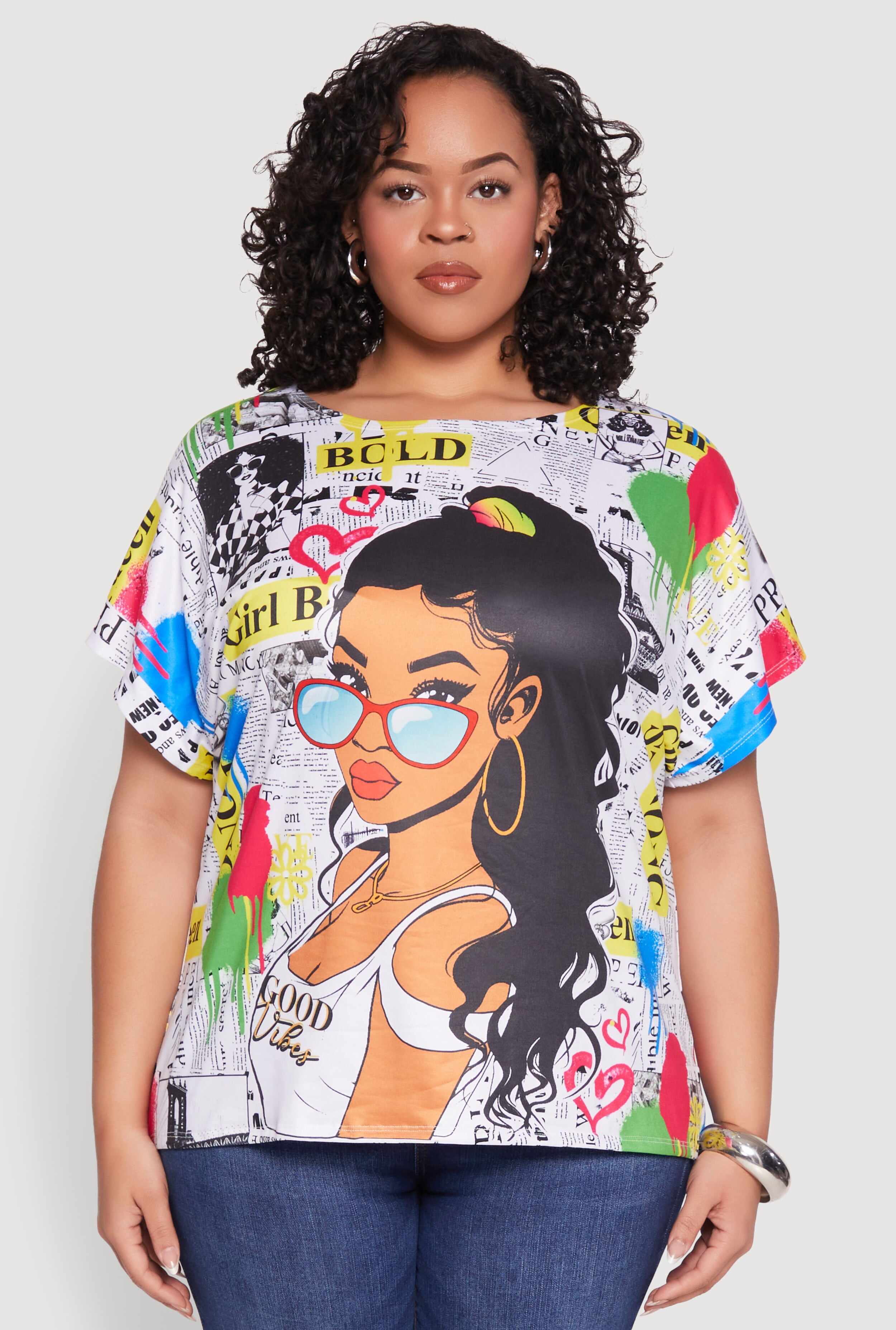 Plus Size Good Vibes Graphic Newspaper Print Tee