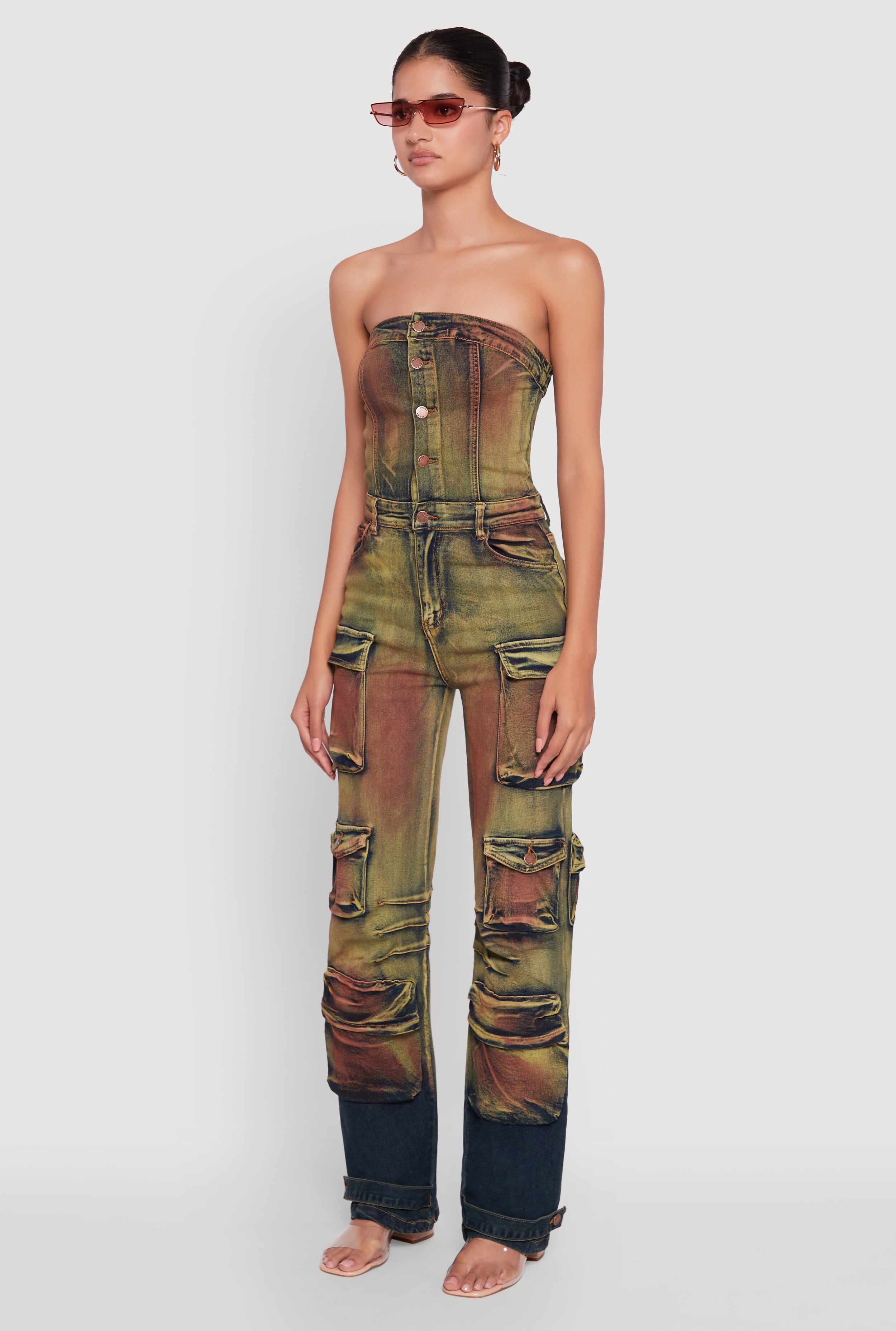 Acid Wash Button Front Tube Utility Jumpsuit