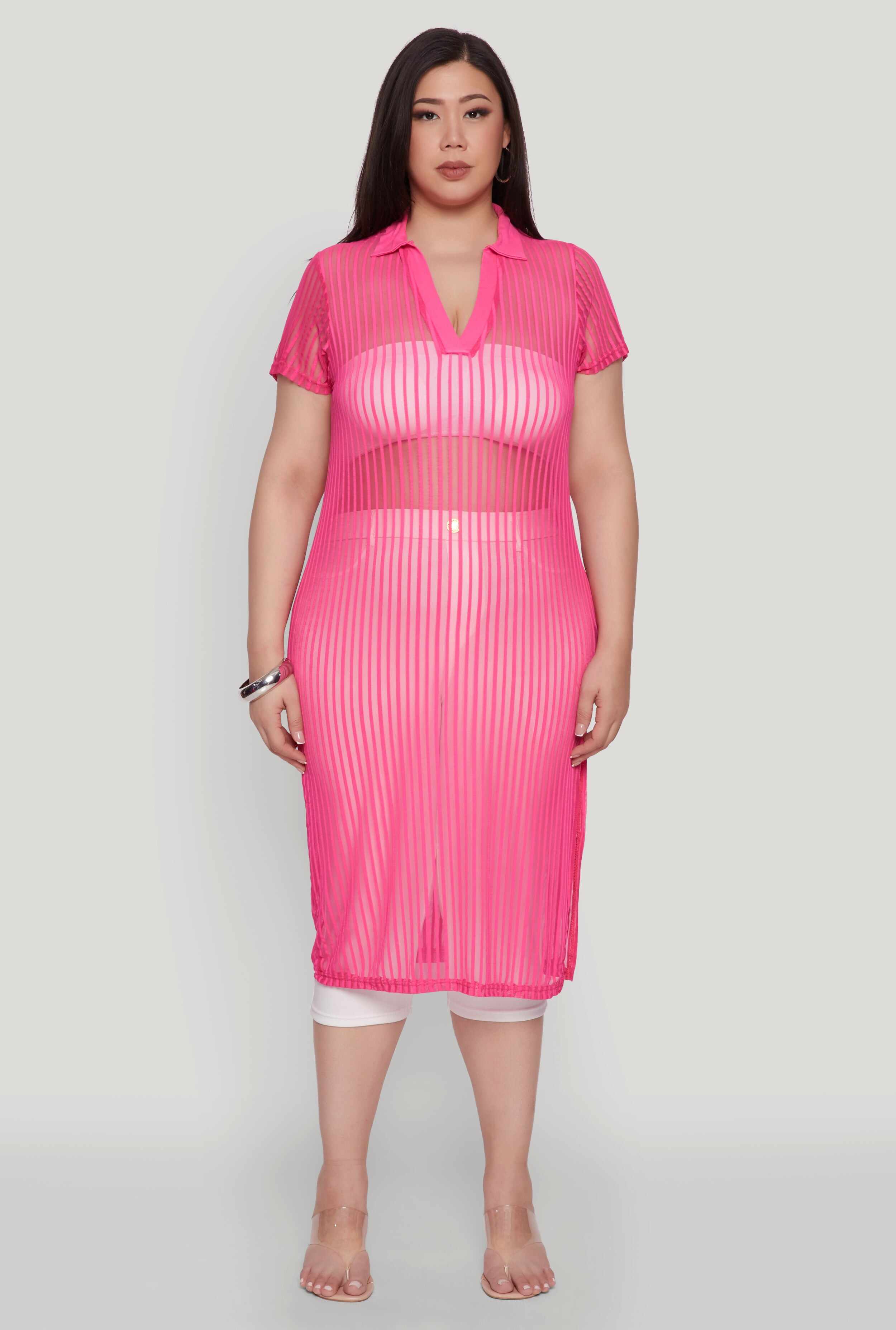 Plus Size Shadow Stripe Collared Mesh Top