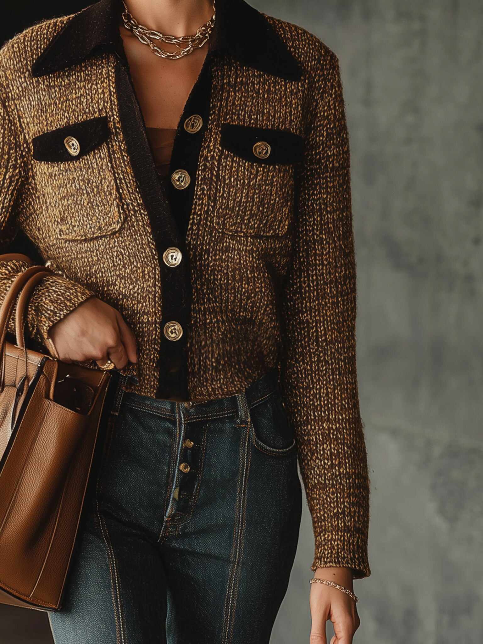 Mocha Tweed Button Up Knit Cardigan