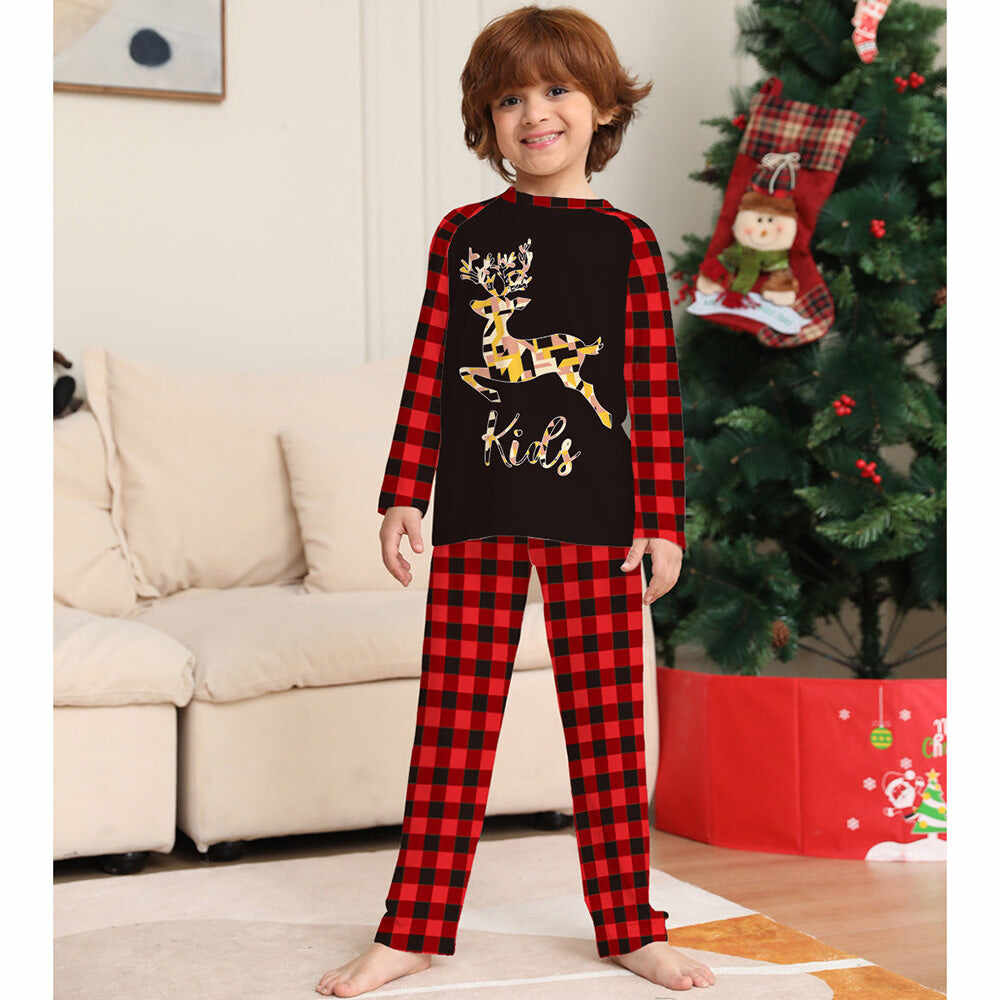 Christmas Gold Reindeer Print Red Plaid Family Matching Pajamas Sets