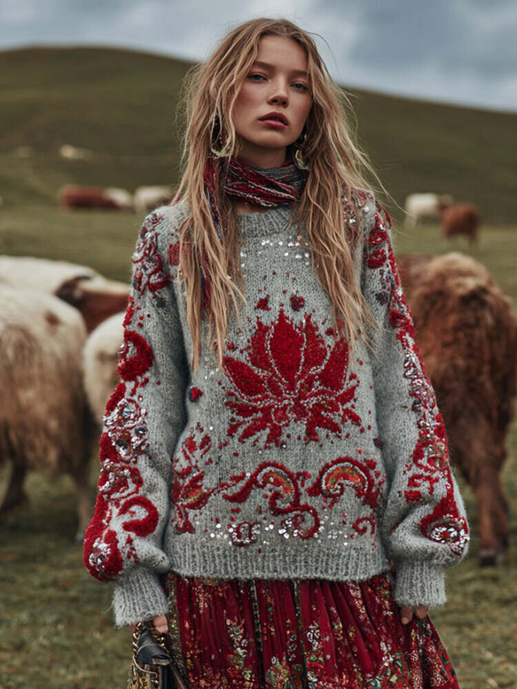 Women's Vintage Wild Red Embroidered Flower Sweater