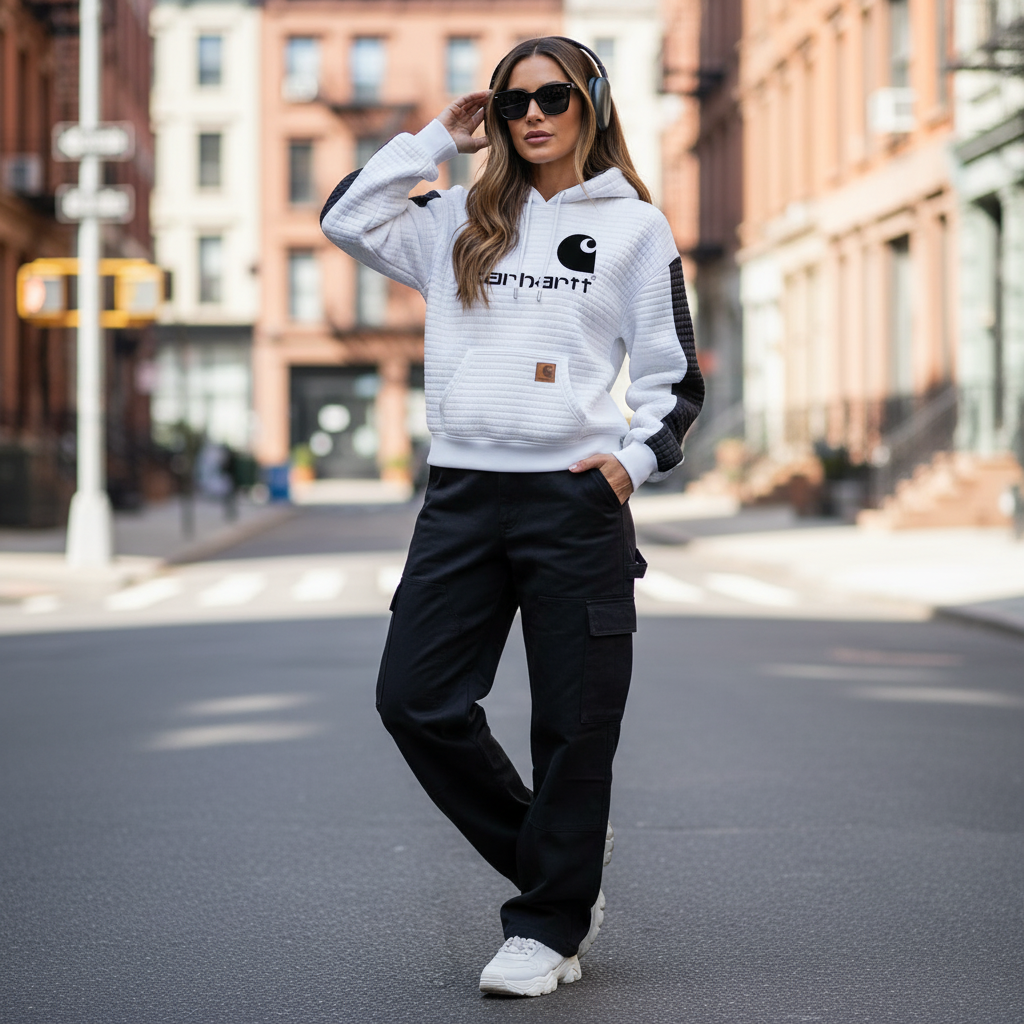 Women's Vintage White And Black Waffle Quilted Plaid Pocket Hoodie