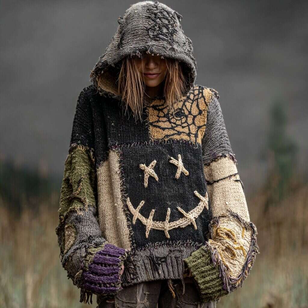Halloween Spooky Face And Spider Web Patchwork Design Cozy Knit Hooded