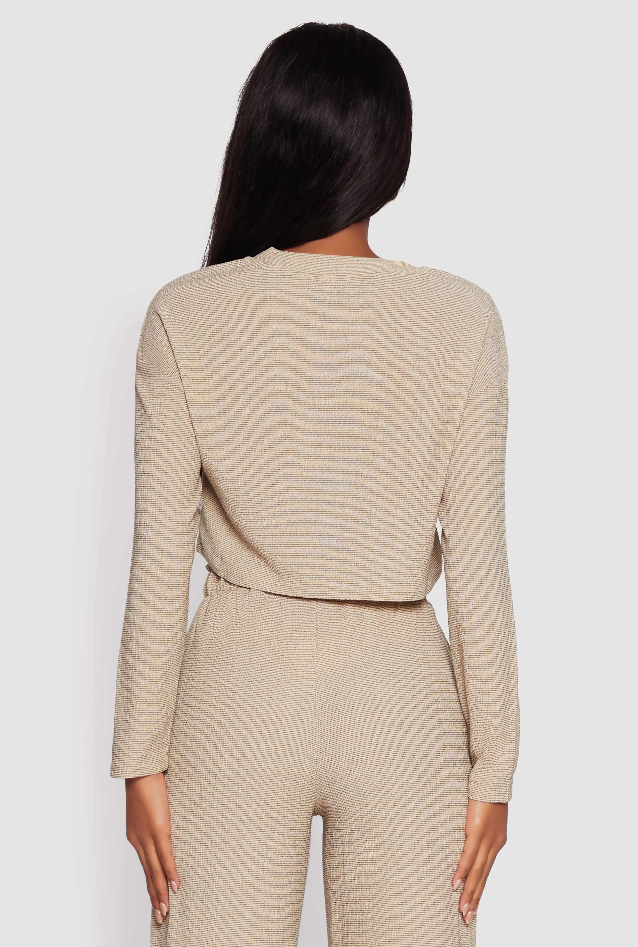 Textured Knit Solid Long Sleeve Crop Top