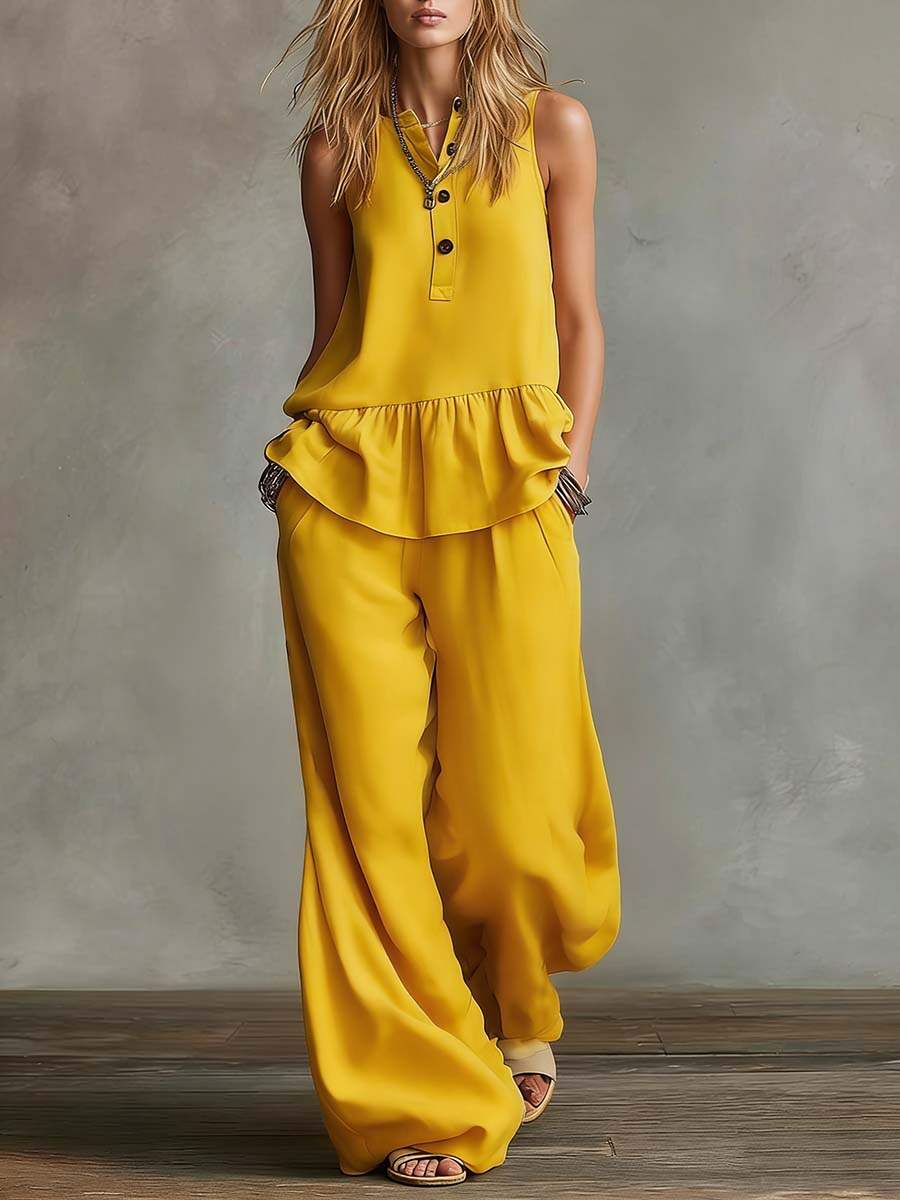 🔥Summer Arrivals🌟Women's Round Neck Sleeveless Casual Loose Cotton Top And High Waist Casual Loose Wide Leg Pants Set