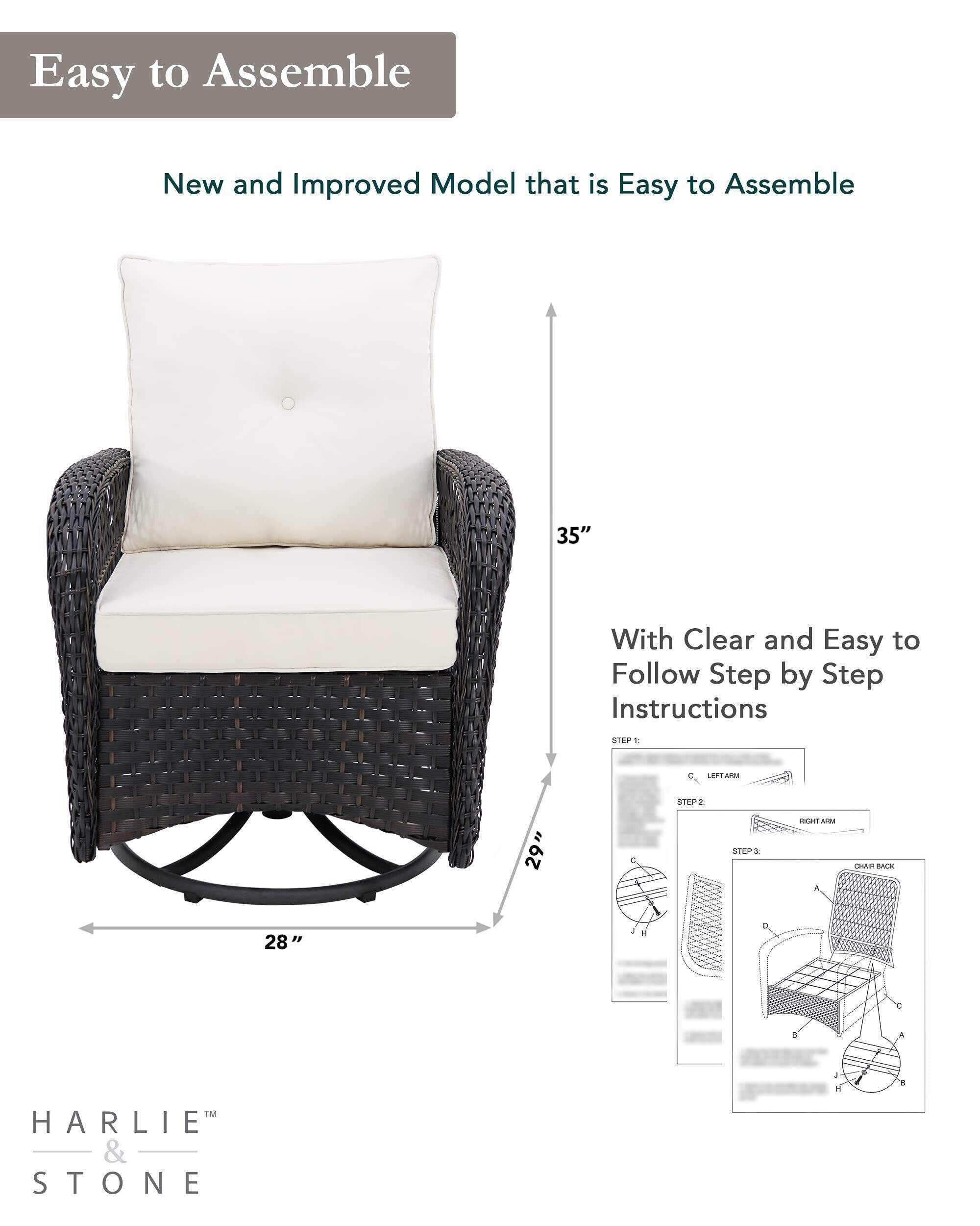 Swivel Rocker Patio Chairs Set of 2 and Matching Side Table - 3 Piece Wicker Patio Bistro Set with Premium Fabric Cushions Furniture (Dark Wicker Chair Beige Cushion)