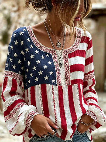 Loose-fitting a Crew Neck And Vintage Print Long-sleeve Top