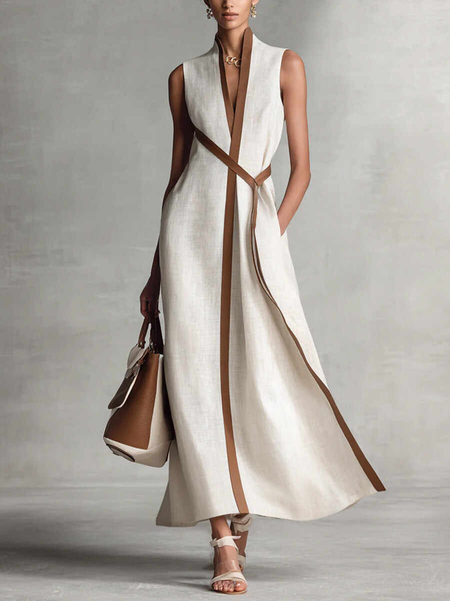 Women's Stand-up Collar Sleeveless Casual Loose Cotton And Linen Dress