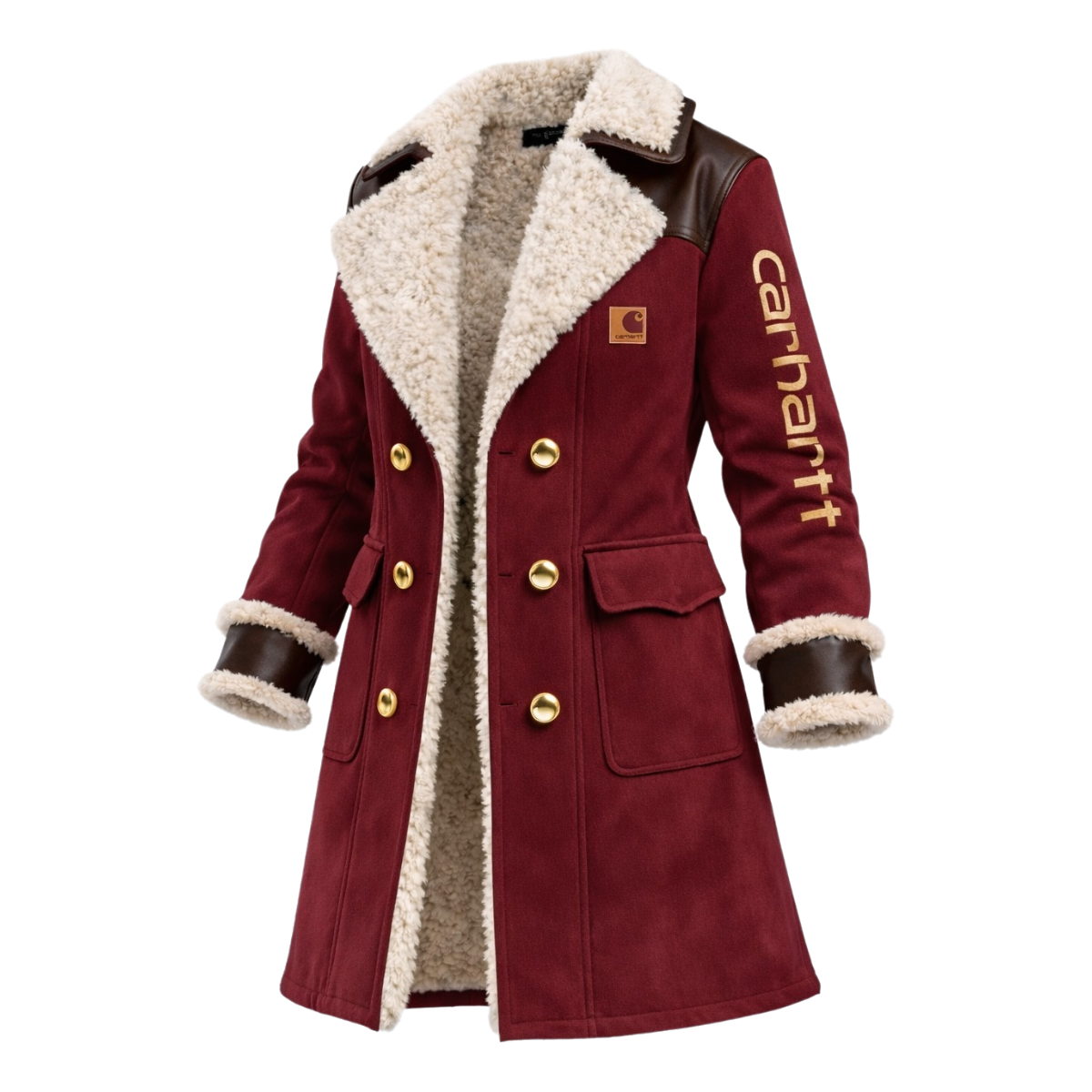 Women's Vintage White Leather Contrast Fleece Faux Fur Lining Coat-Burgundy