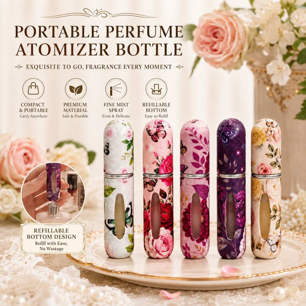 5 Pack Floral Butterfly Refillable Perfume Atomizer Set