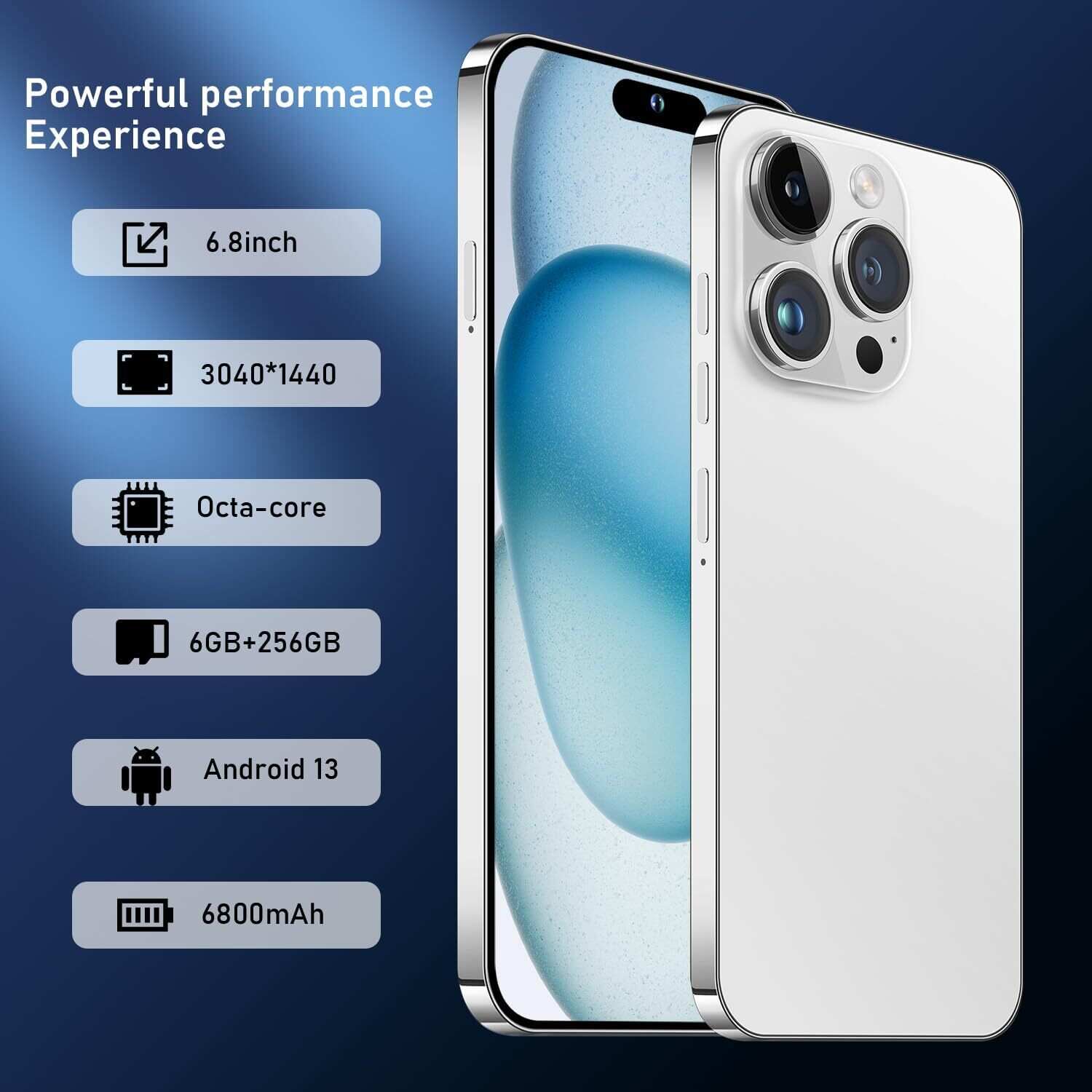 A15 Pro Max Smartphone, 6+256GB Unlocked Phone, Android 13.0, 48+108MP Zoom Camera, Long Battery Life 6800mAh, Dual SIM, 6.7“ HD Screen,5G Phone