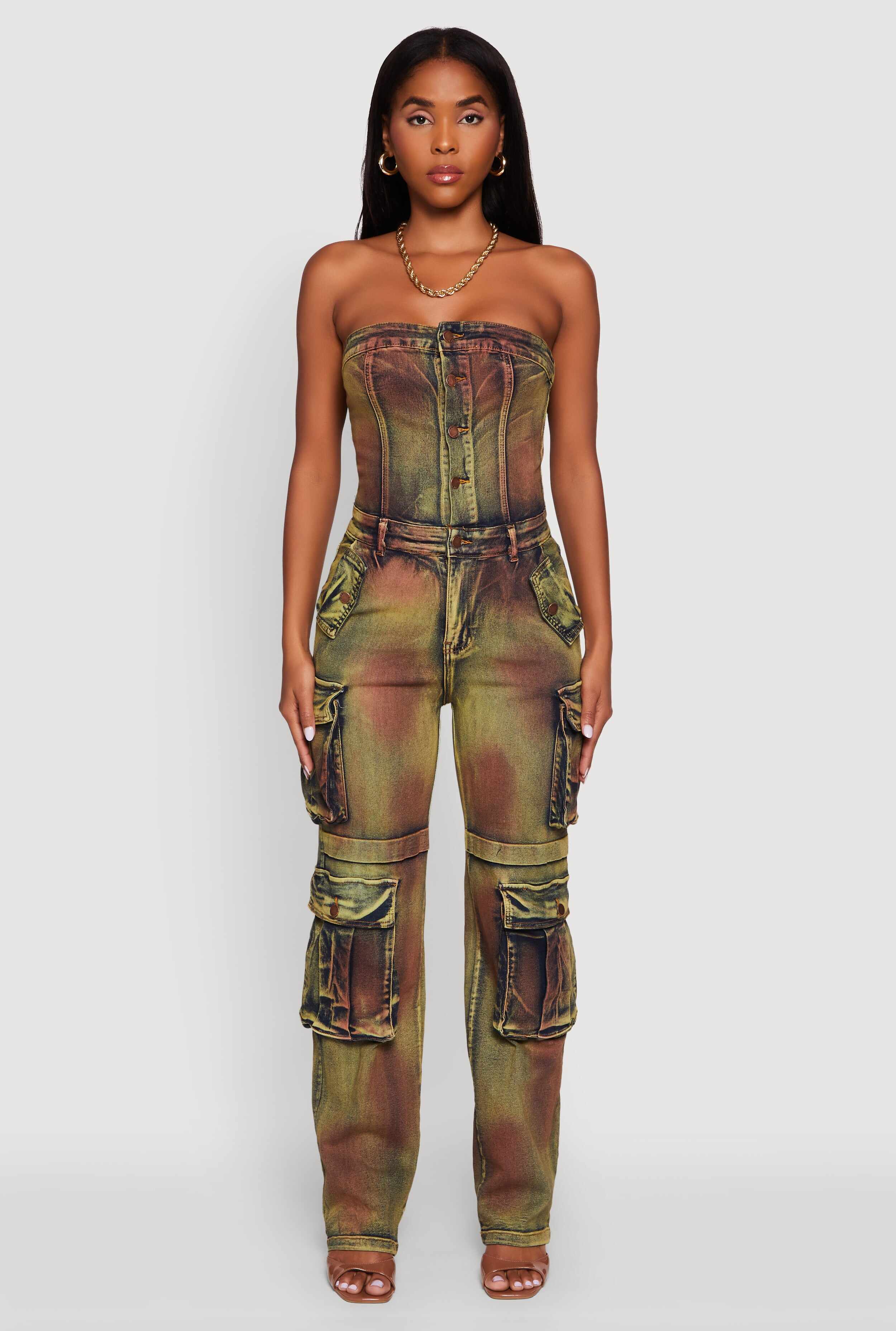 Tie Dye Acid Wash Denim Utility Tube Jumpsuit