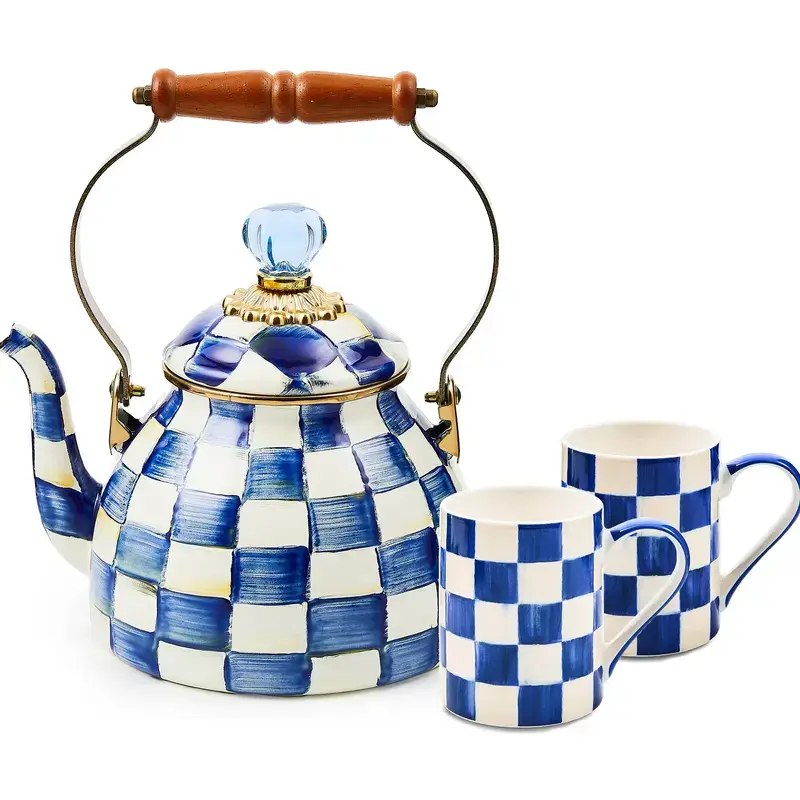 2Qt Enamel Tea Kettle and Set of 2 Mugs