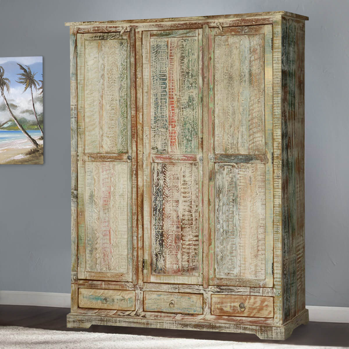 White Distressed Washed Solid Wood Large Wardrobe Armoire w Drawer
