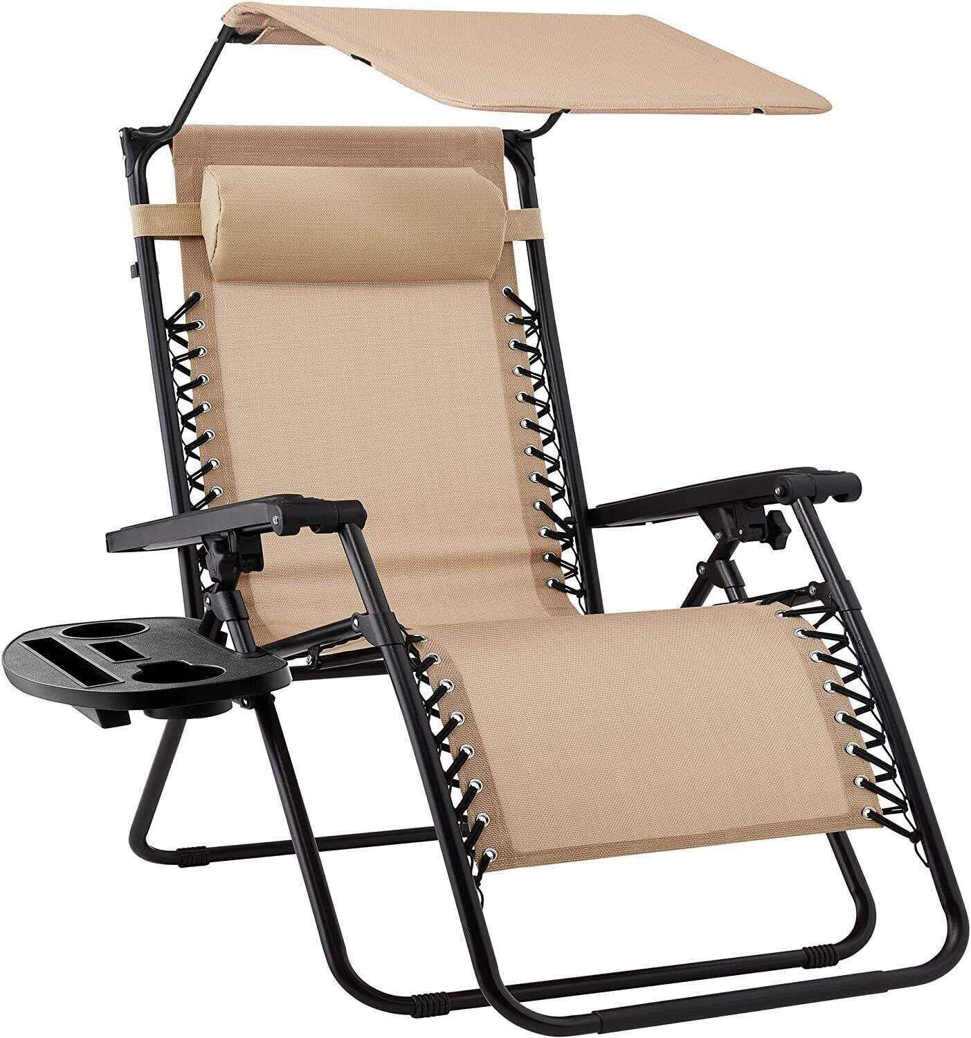 Folding Zero Gravity Recliner Patio Lounge Chair w/Adjustable Canopy Shade, Headrest, Side Accessory Tray, Textilene Mesh - Beige
