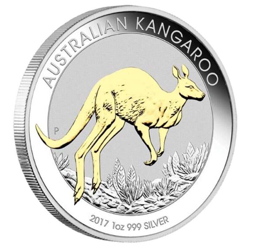 Australian Gilt Gilded 2017 Kangaroo Proof Silver 1 oz Dollar $1 Coin Australia