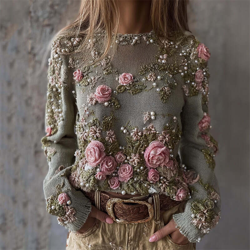 Vintage Pink Roses Pearls Embroidered Cozy Knit Sweater