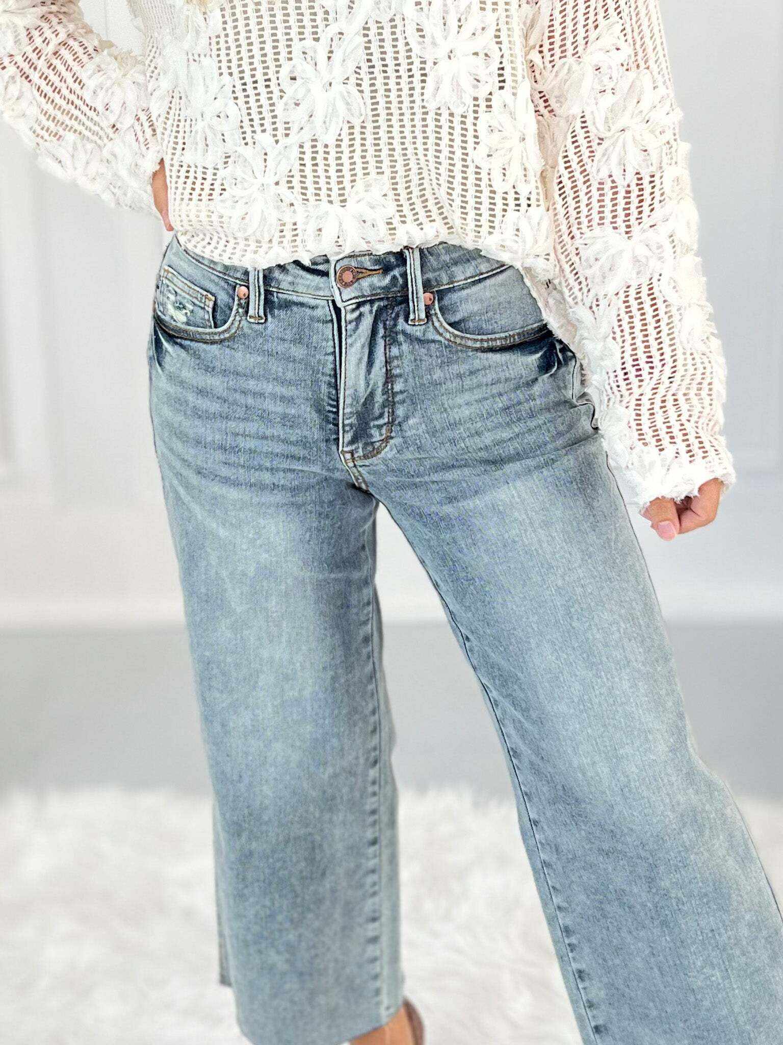 Very Demure - Christmas Tummy Control Cropped Wide Jeans- Final Sale