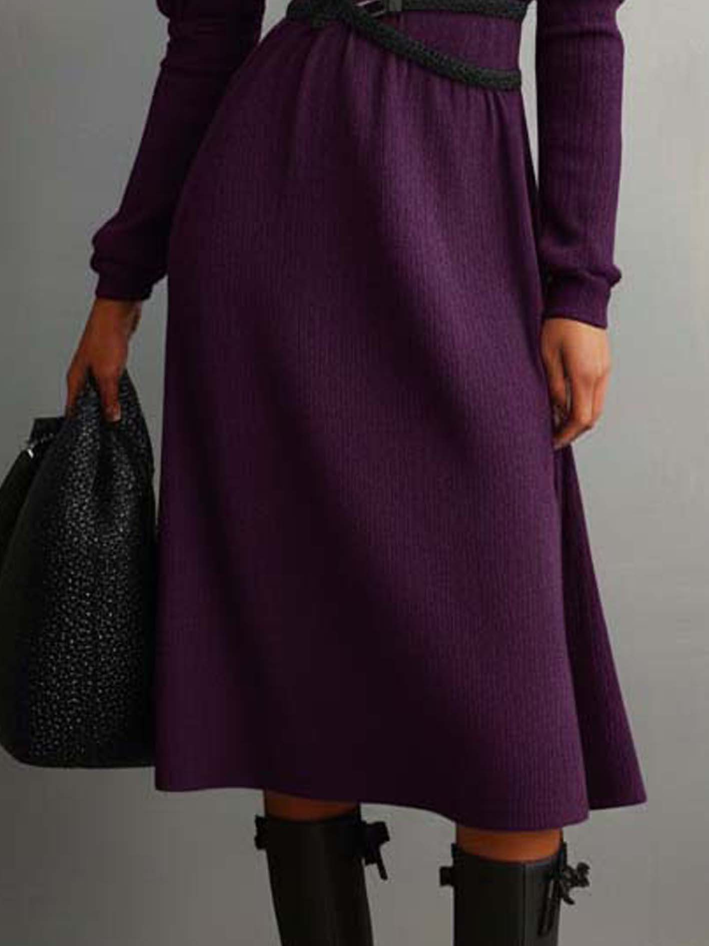 High-neck Purple Knitted Midi Dress With Black Belt